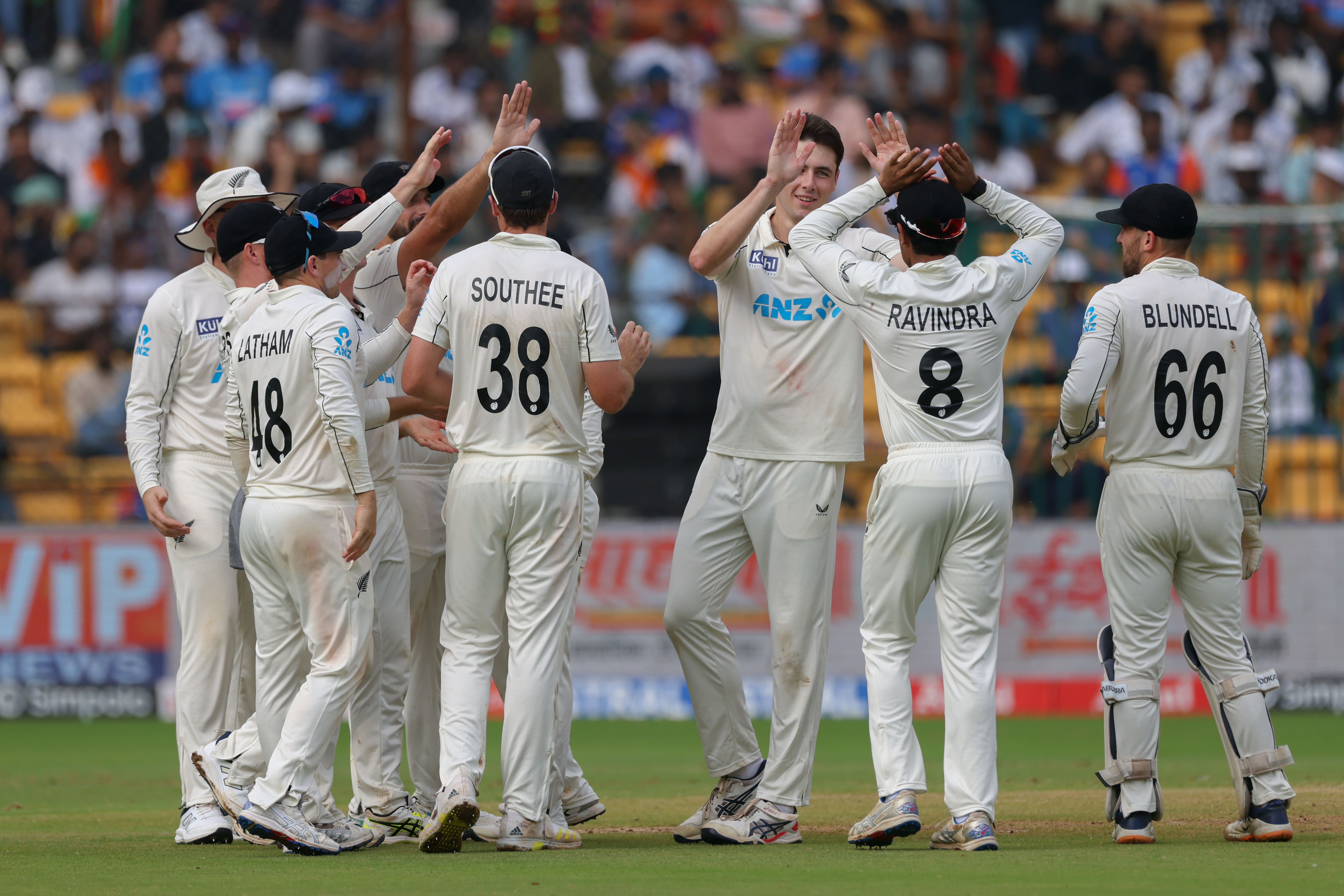 New Zealand celebrate the wicket of Ravindra Jadeja on day four. Photo / Getty Images