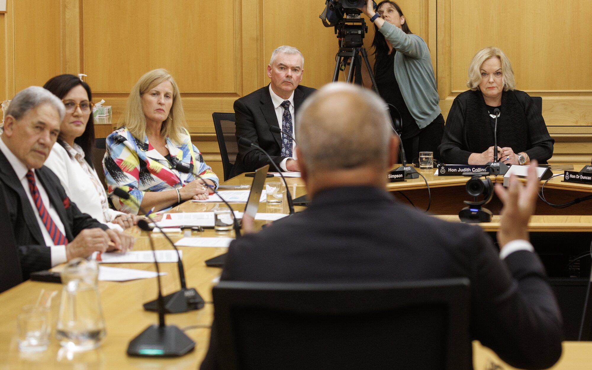 Labour MP Peeni Henare during his appearance before the Privileges Committee, including members (from left) Winston Peters, Parmjeet Parmar, Louise Upston, Scott Simpson and Judith Collins. Photo / Mark Mitchell