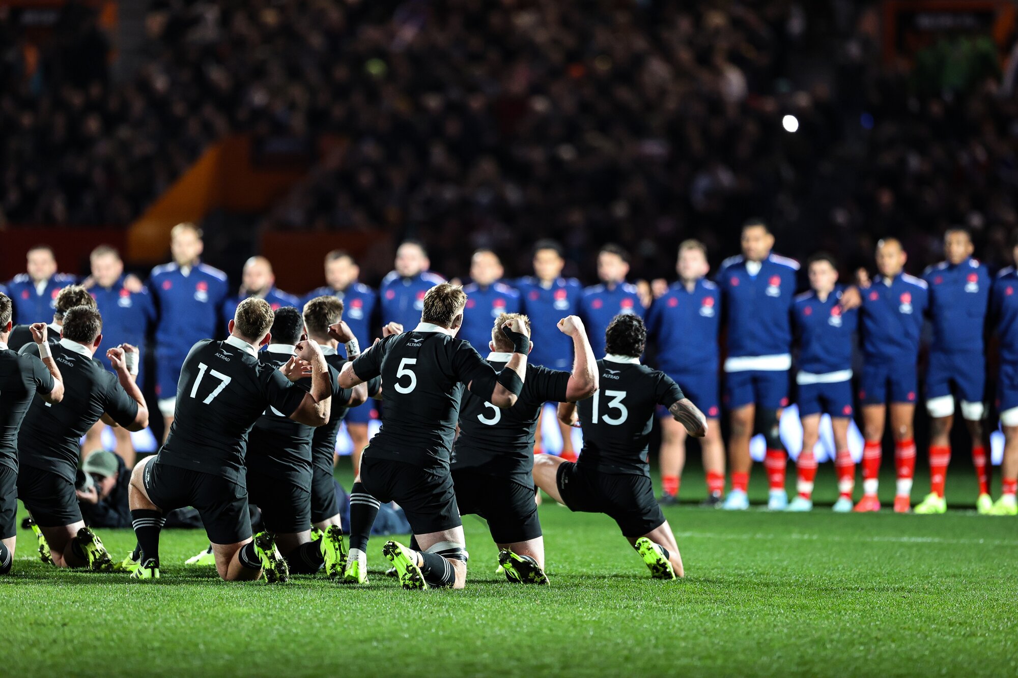 France faces the haka at Dunedin's Forsyth Barr Stadium, last year. Photo / Photosport