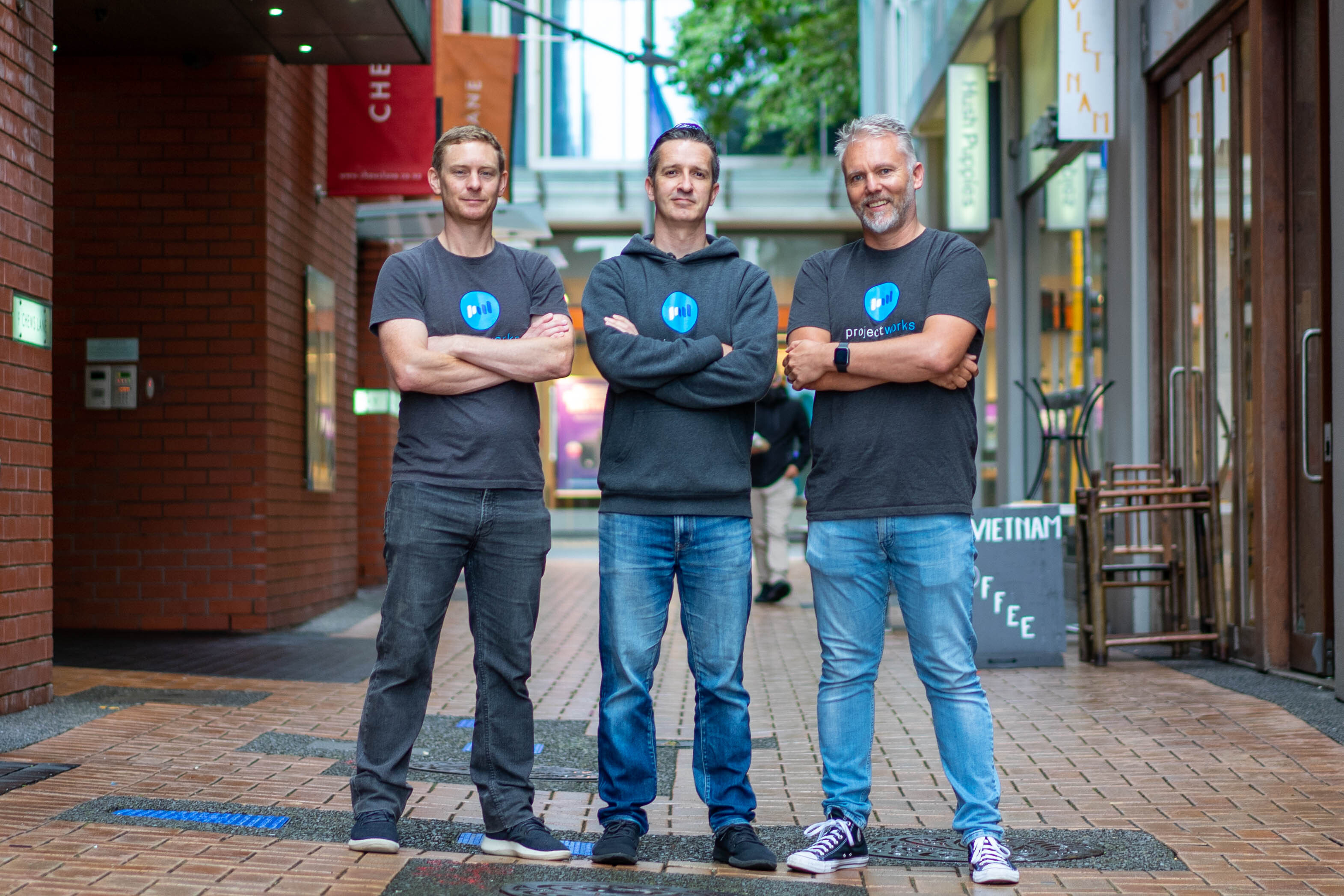 From left: Projectworks co-founders Julian Clarke, Matthew Hayter and Doug Taylor.