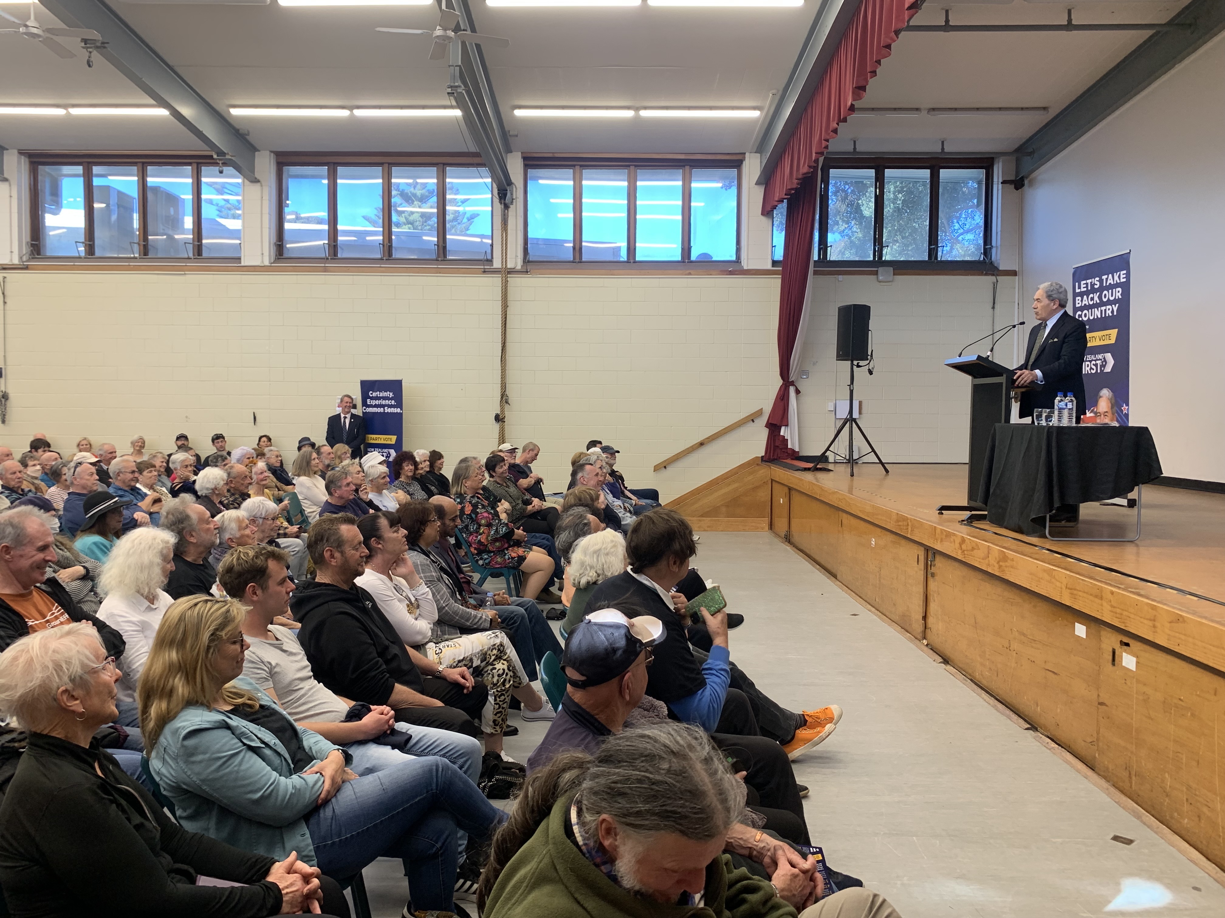 Winston Peters addressed more than 300 people during a public meeting in Ōrewa on Saturday. Photo / Adam Pearse