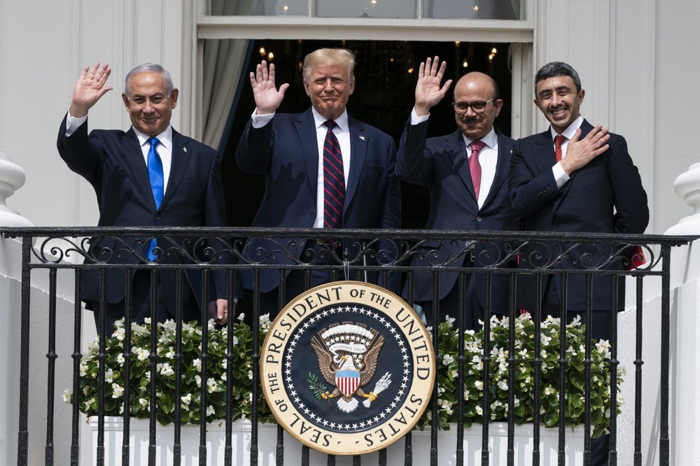 Israeli Prime Minister Benjamin Netanyahu, left, US President Donald Trump, Bahrain Foreign Minister Khalid bin Ahmed Al Khalifa and UAE Foreign Minister Abdullah bin Zayed al-Nahyan. Photo / AP