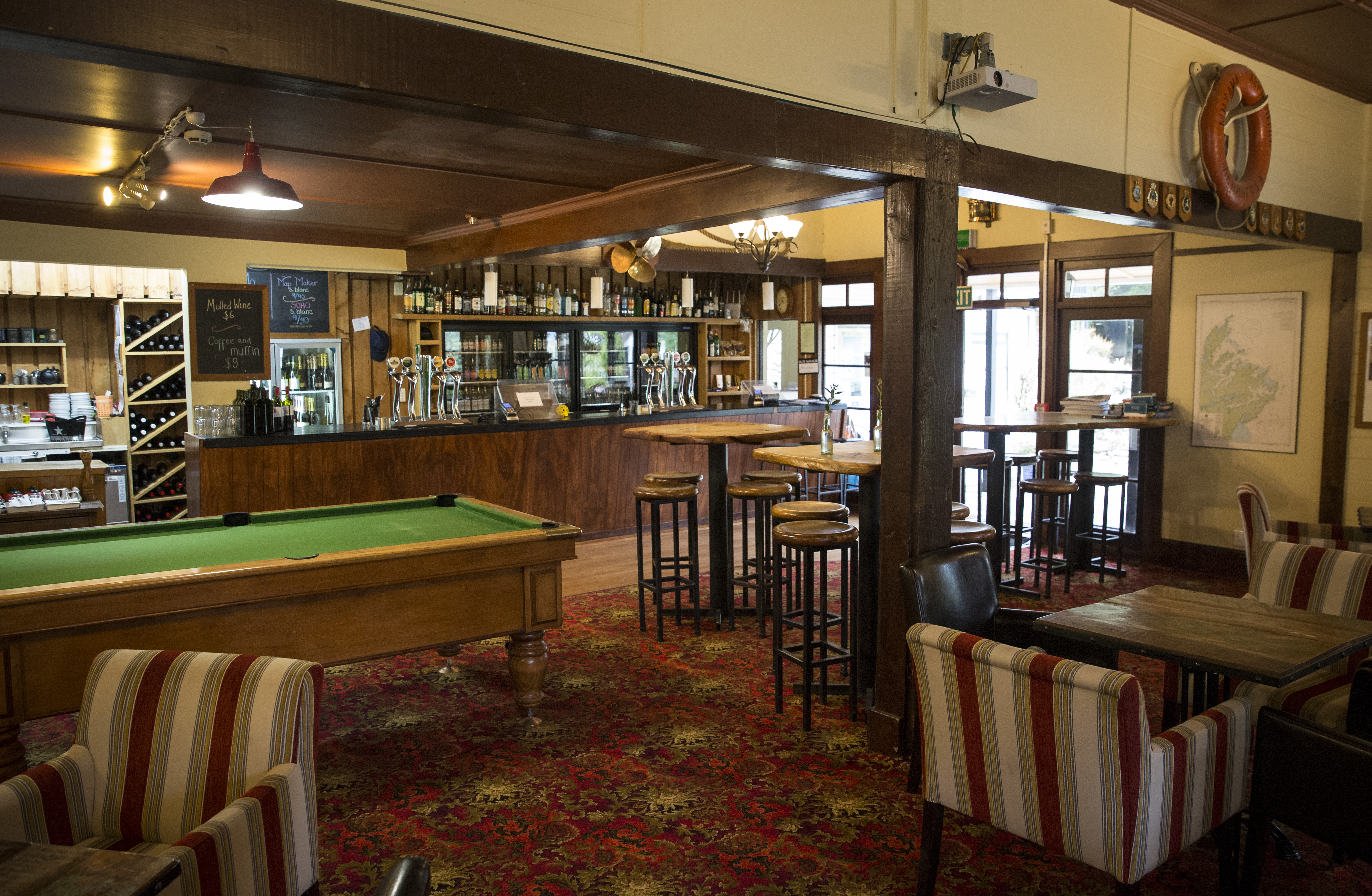 Inside the bar at Furneaux Lodge. Photo / Mike Scott