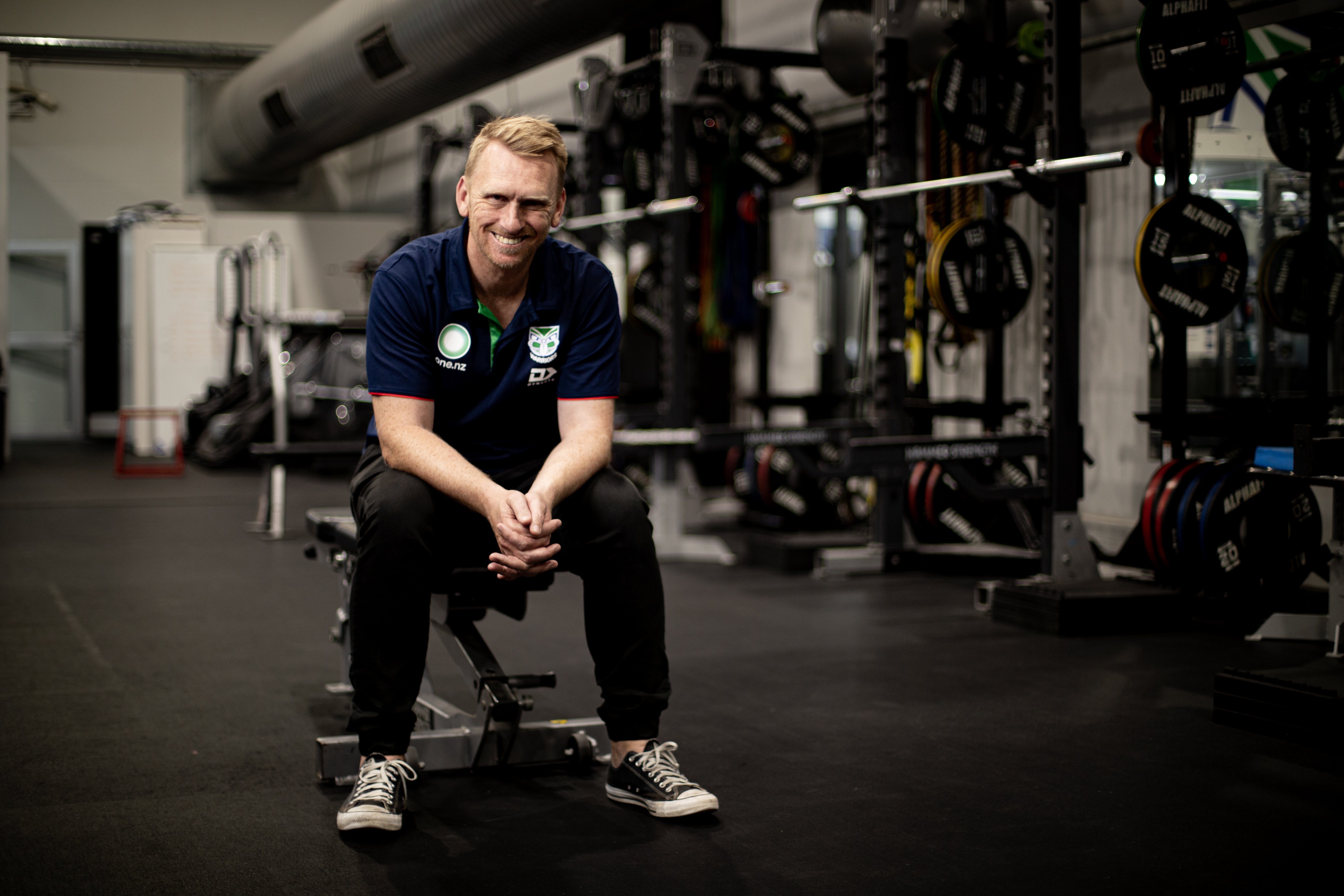 Warriors coach Andrew Webster talking with Herald reporter Michael Burgess about the upcoming NRL season. Photo / Dean Purcell