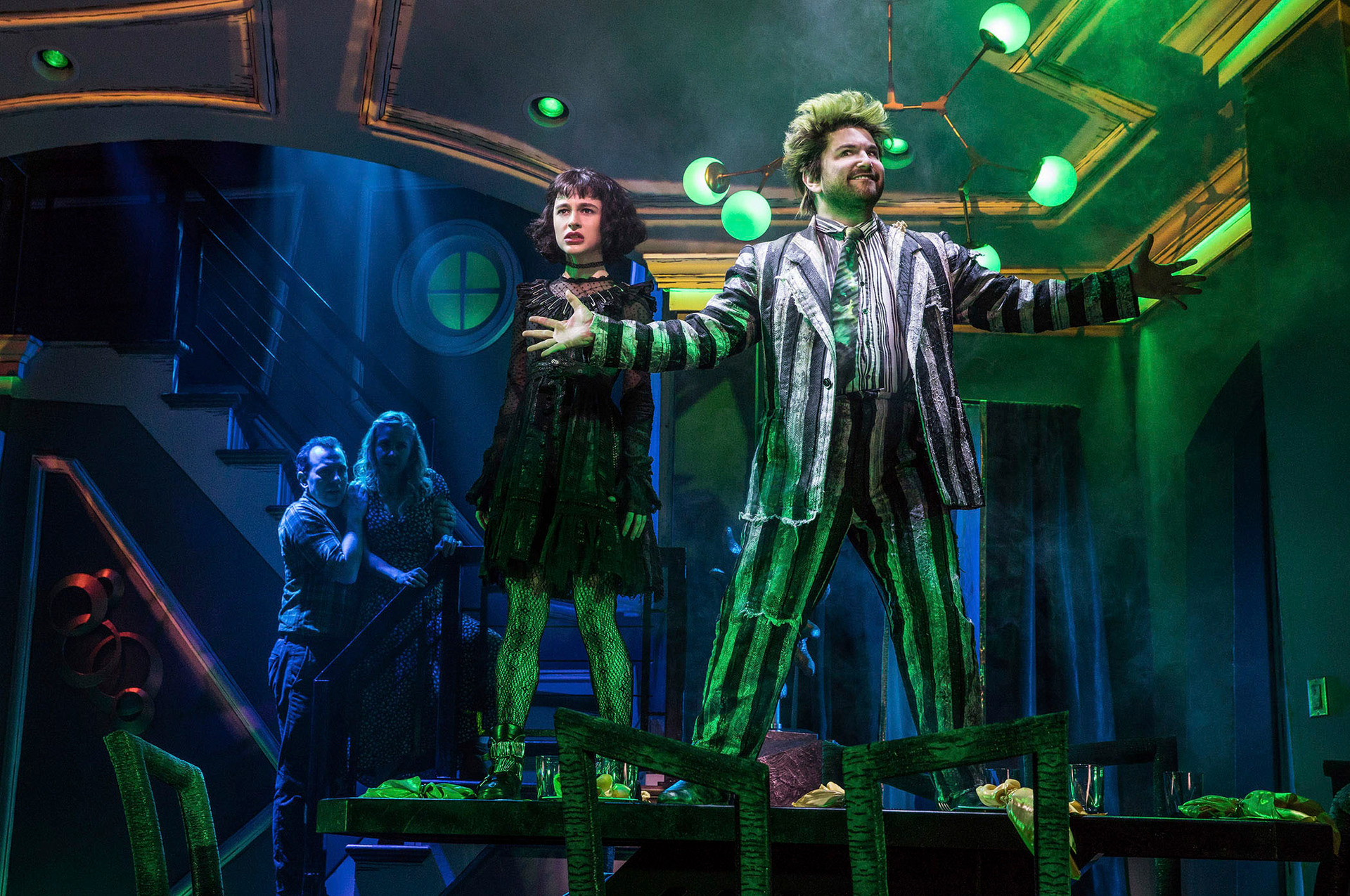 Alex Brightman (right) during a performance of Beetlejuice. Photo / AP