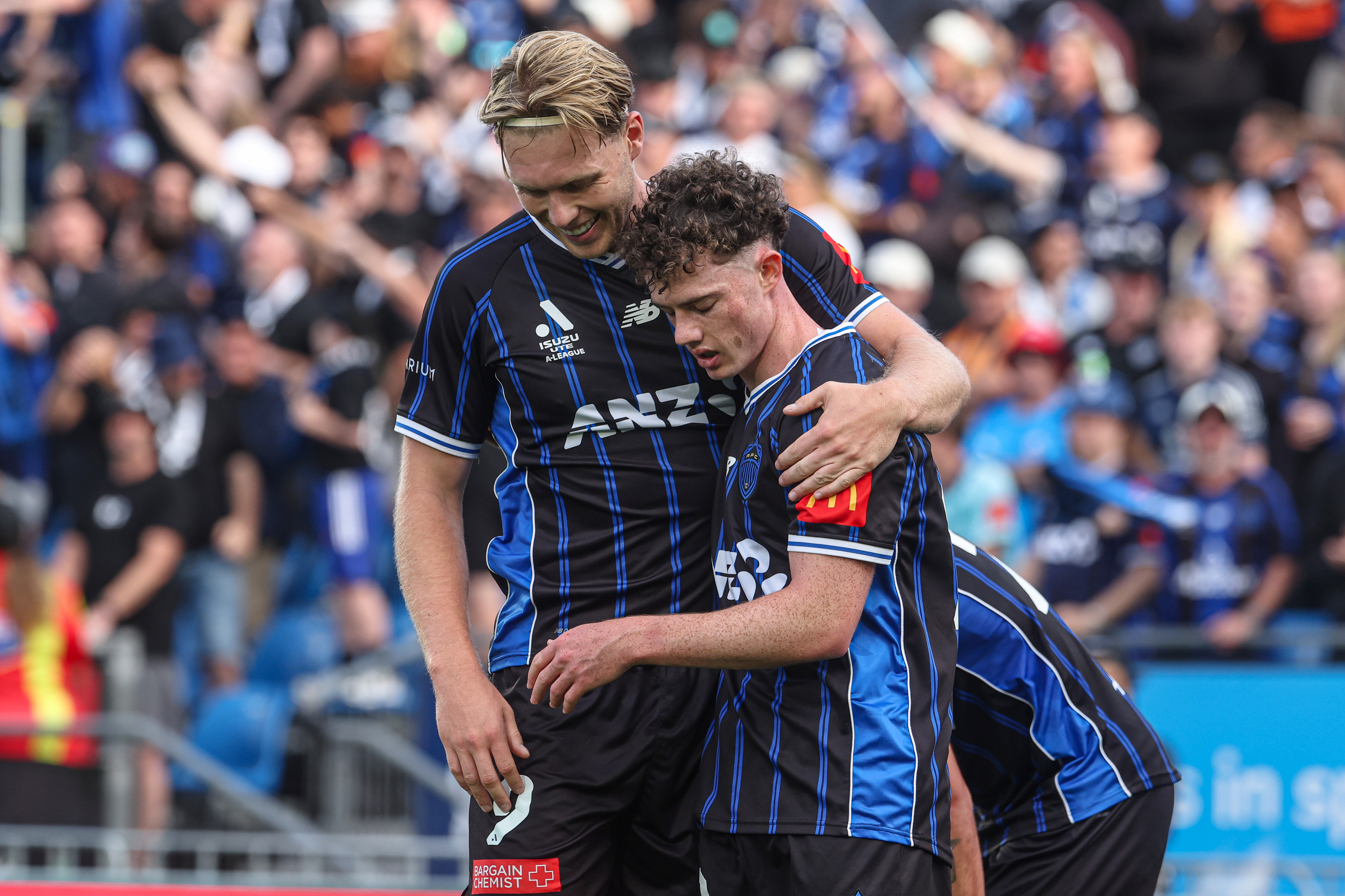 Auckland FC's Jesse Randall celebrates his goal with Sam Cosgrove. Photo / Photosport