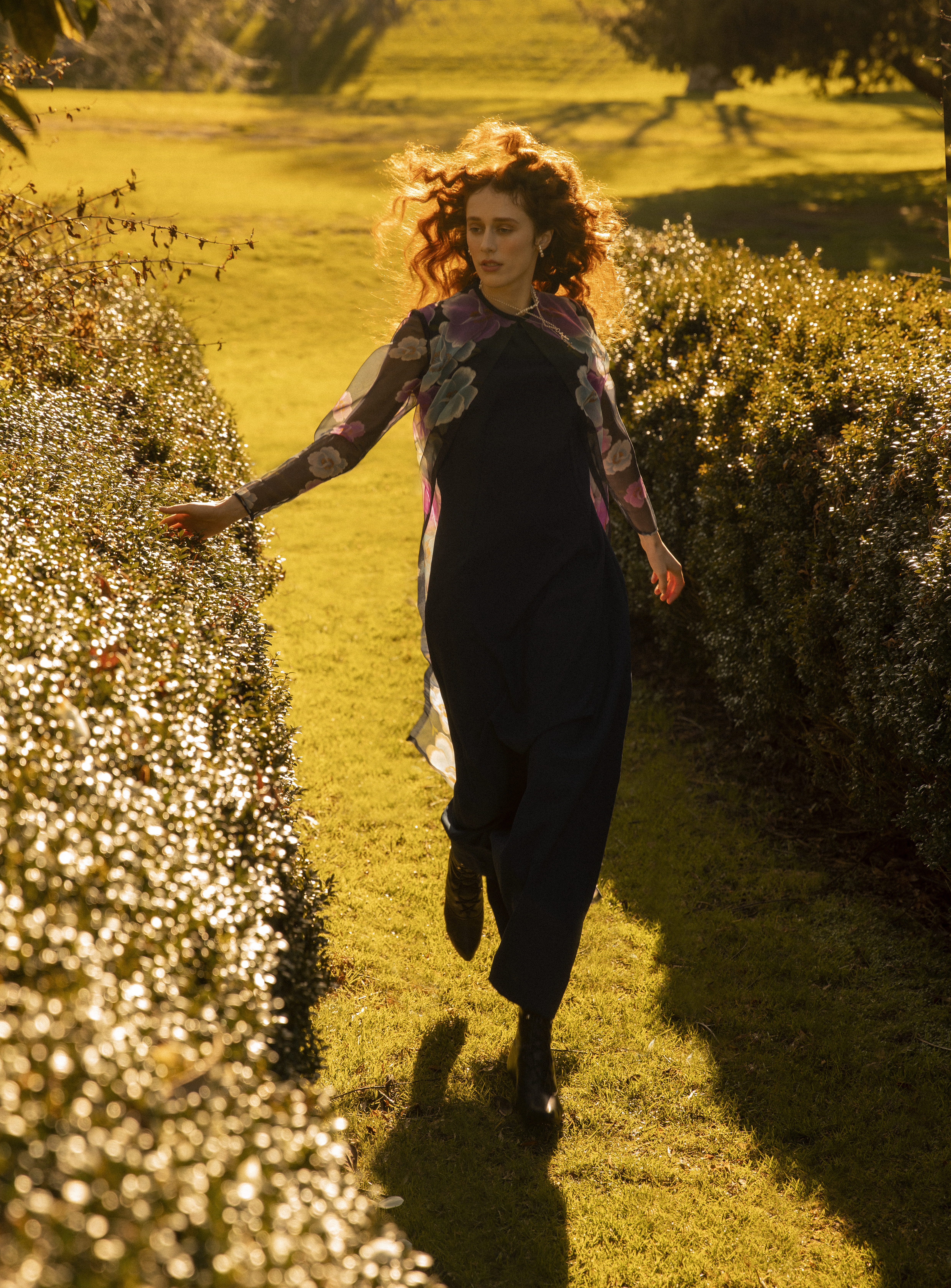 Model Charlotte Moffat runs through the Hamilton Gardens. Photo / Guy Coombes for Viva Magazine – Volume Five