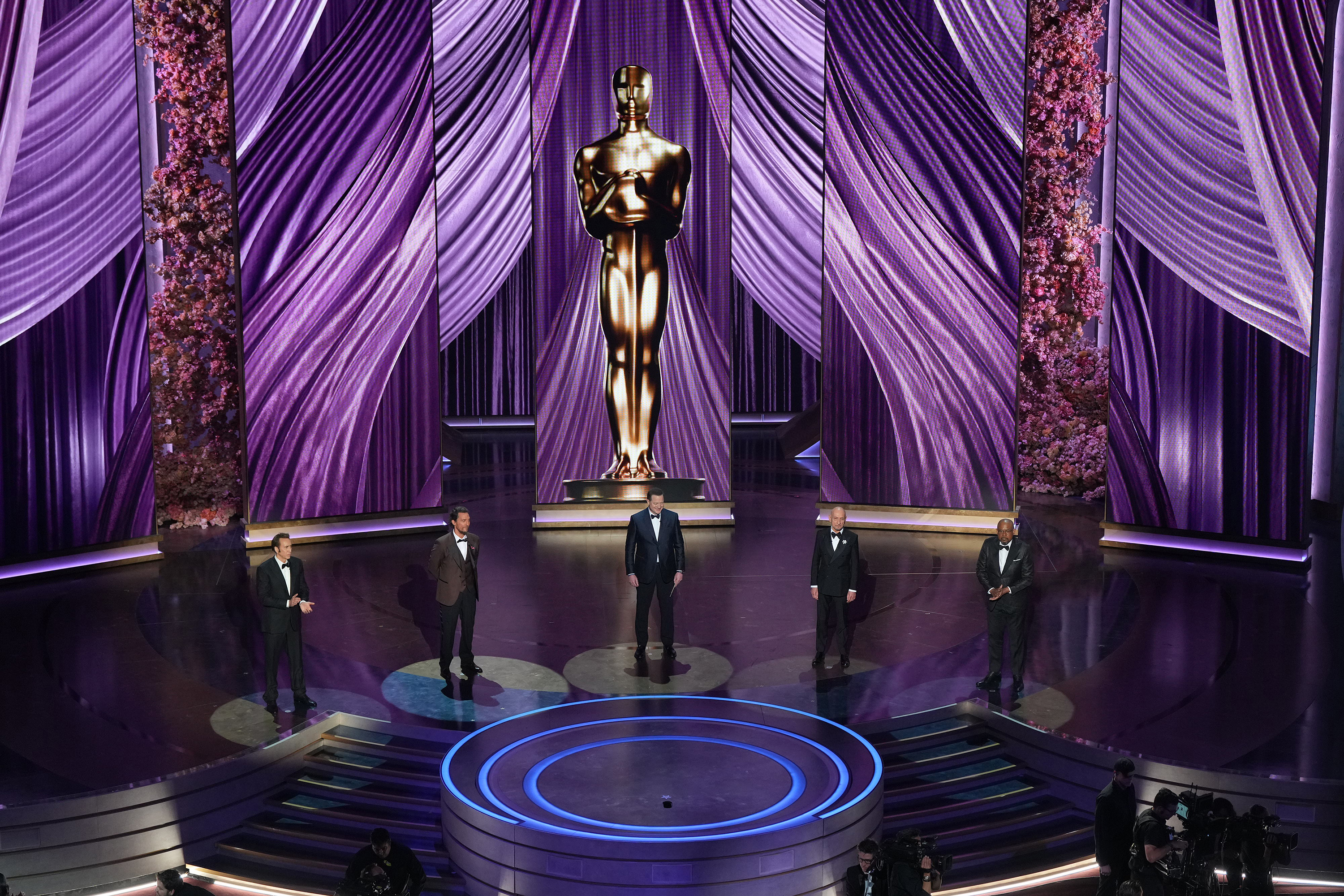 The previous best-actor winners Nicolas Cage, left, Matthew McConaughey, Brendan Fraser, Ben Kingsley and Forest Whitaker presenting this year’s nominees for that award. Photo / Amir Hamja, The New York Times