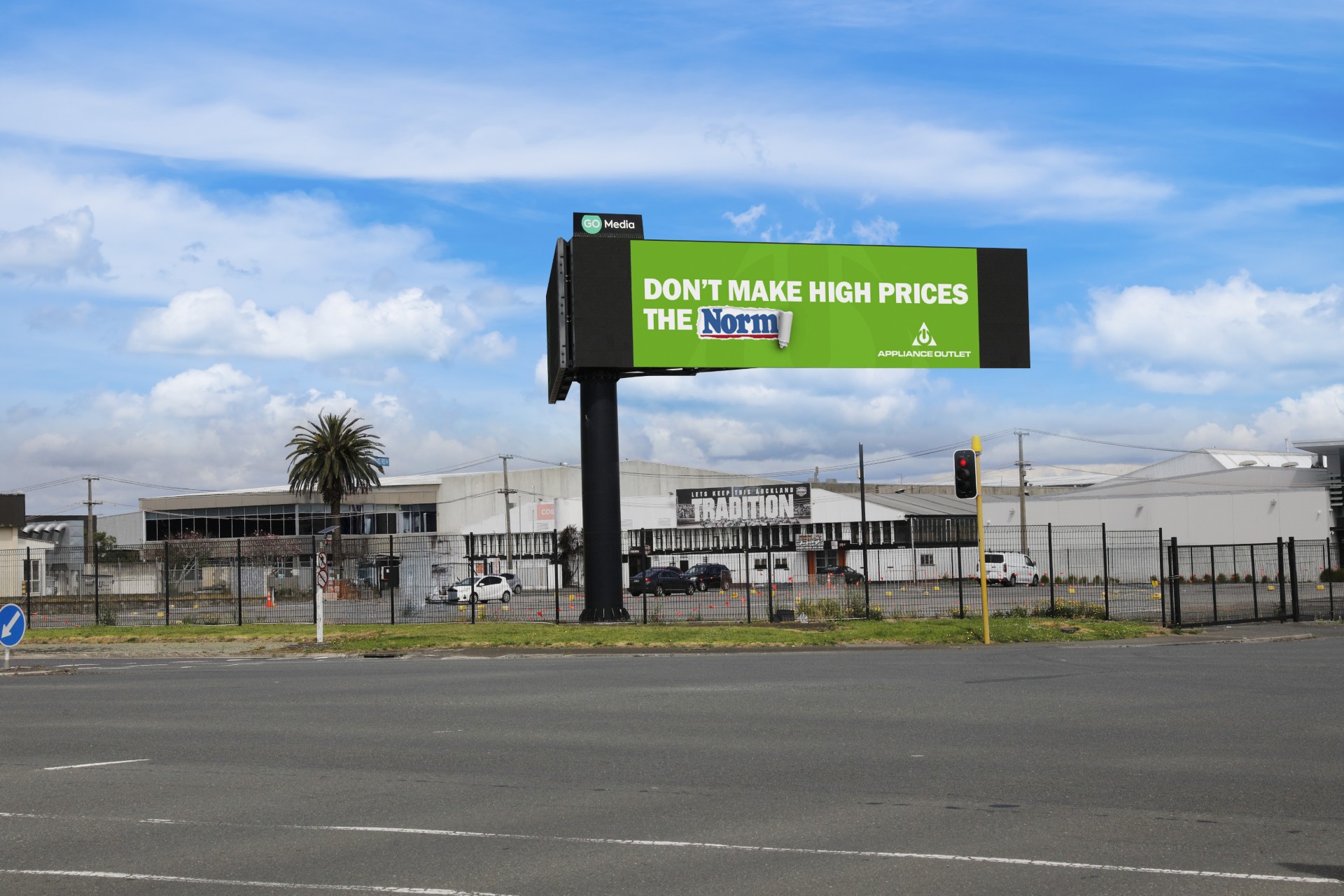 The cheeky new Appliance Outlet advertising campaign uses the partial logos of bigger rivals. Mock-up photo / supplied