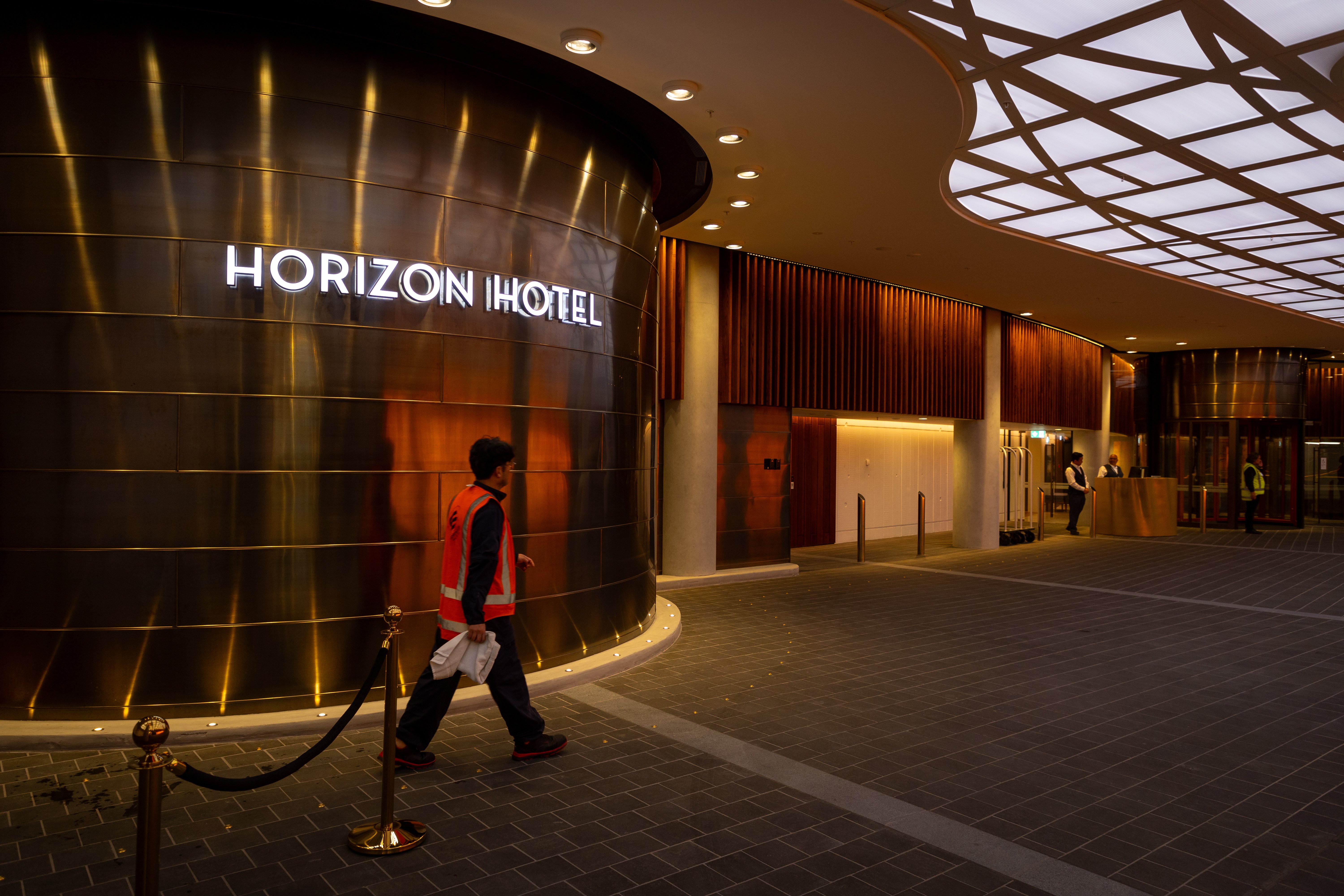 Porte cochere ceiling at Horizon by SkyCity has a daytime and nighttime lighting theme to give the impression of being linked to the outdoors even though it is actually not. Photo / Michael Craig