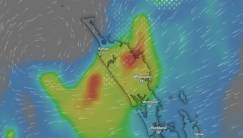 Wet and windy is the description meteorologist John Law gave to the system that will batter Northland today and this evening. Photo / Windy.com