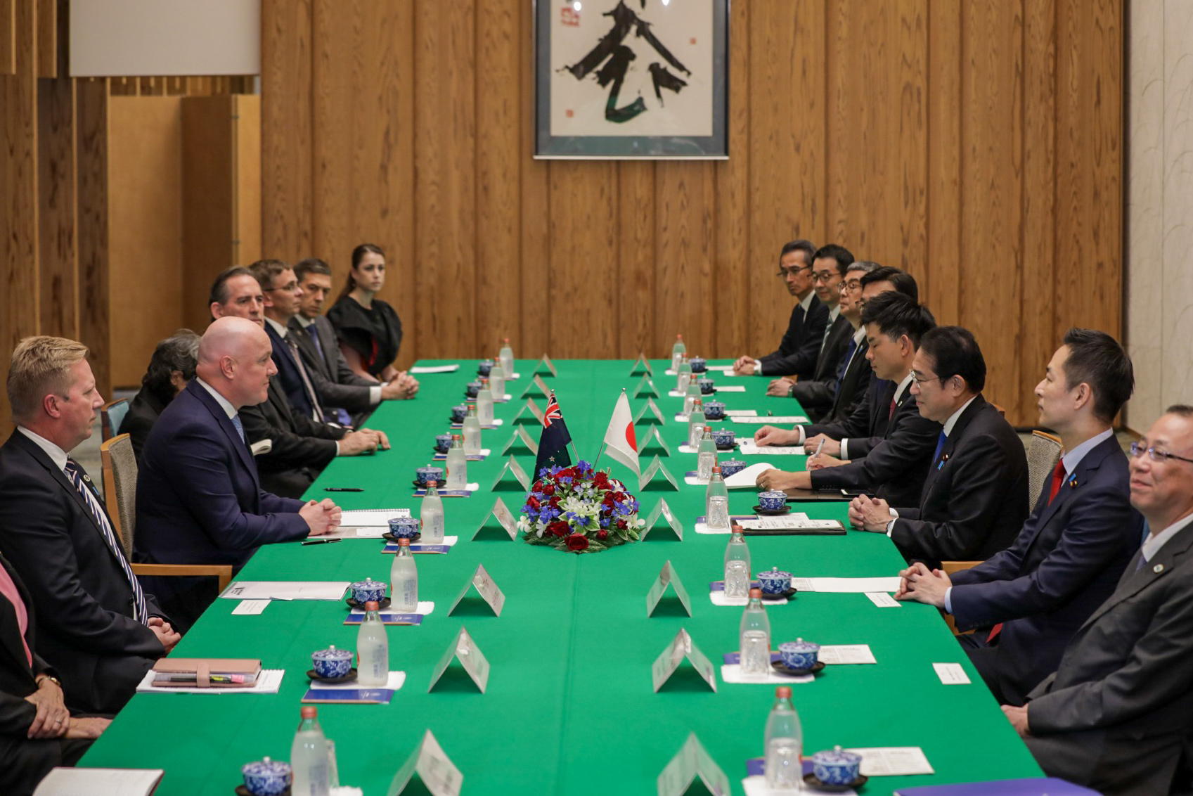 PM Christopher Luxon, Trade Minister Todd McClay and Japanese PM Fumio Kishida, supported by officials during a bilateral meeting in Tokyo. Photo / Nate McKinnon
