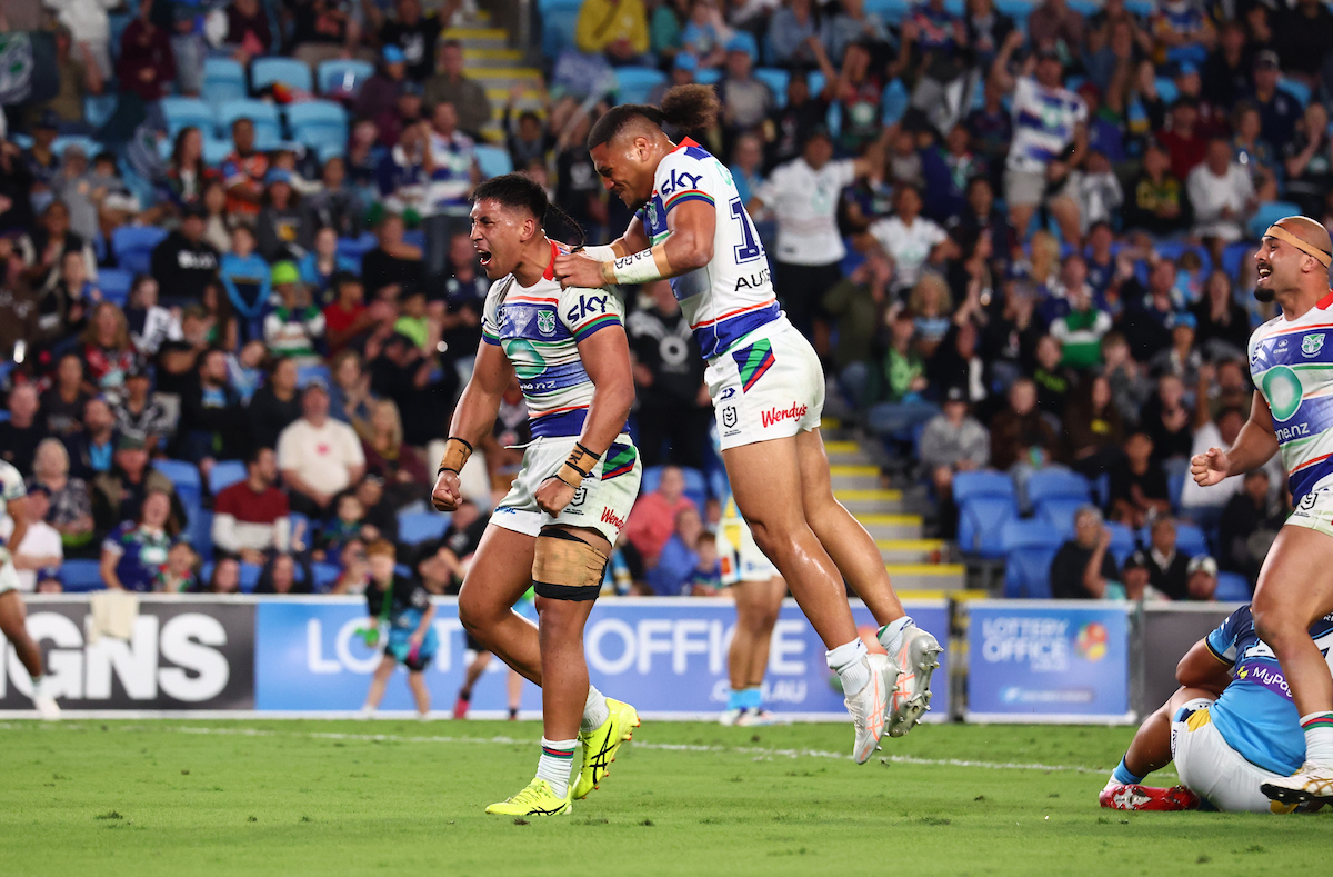 Eddie Ieremia-Toeava of the Warriors celebrates scoring a try. Photo / Photosport
