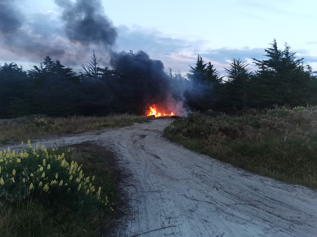 A fire flares up at the illegal rubbish dump between the Ruakākā Pipeline Road Track and the beach. Photo / Supplied