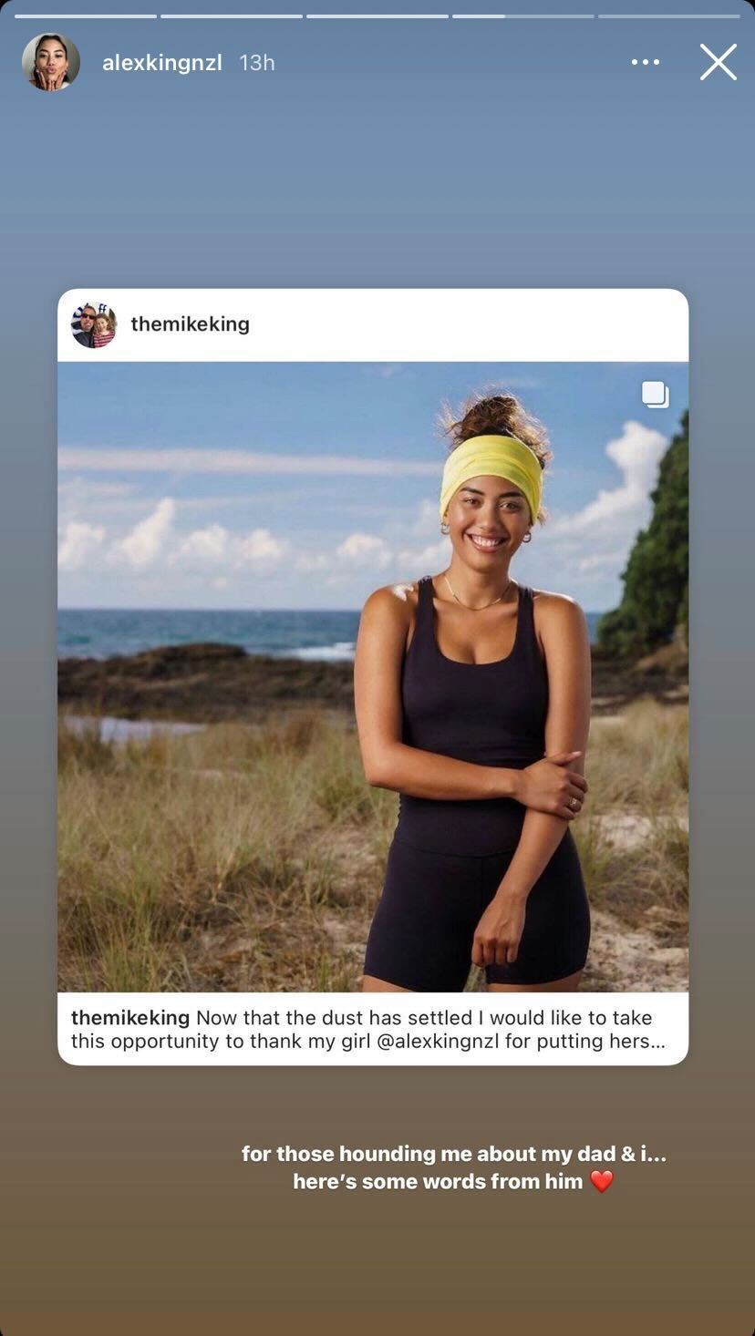 Alex King replied to her father's heartfelt apology by reposting it on her Instagram story. Photo / Instagram @alexkingnzl