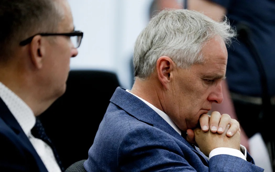 Richard Raymond KC acting for White Island Tours Ltd at the Whakaari/White Island sentencing hearing in the Environment Court, Auckland. Photo / Marika Khabazi, RNZ