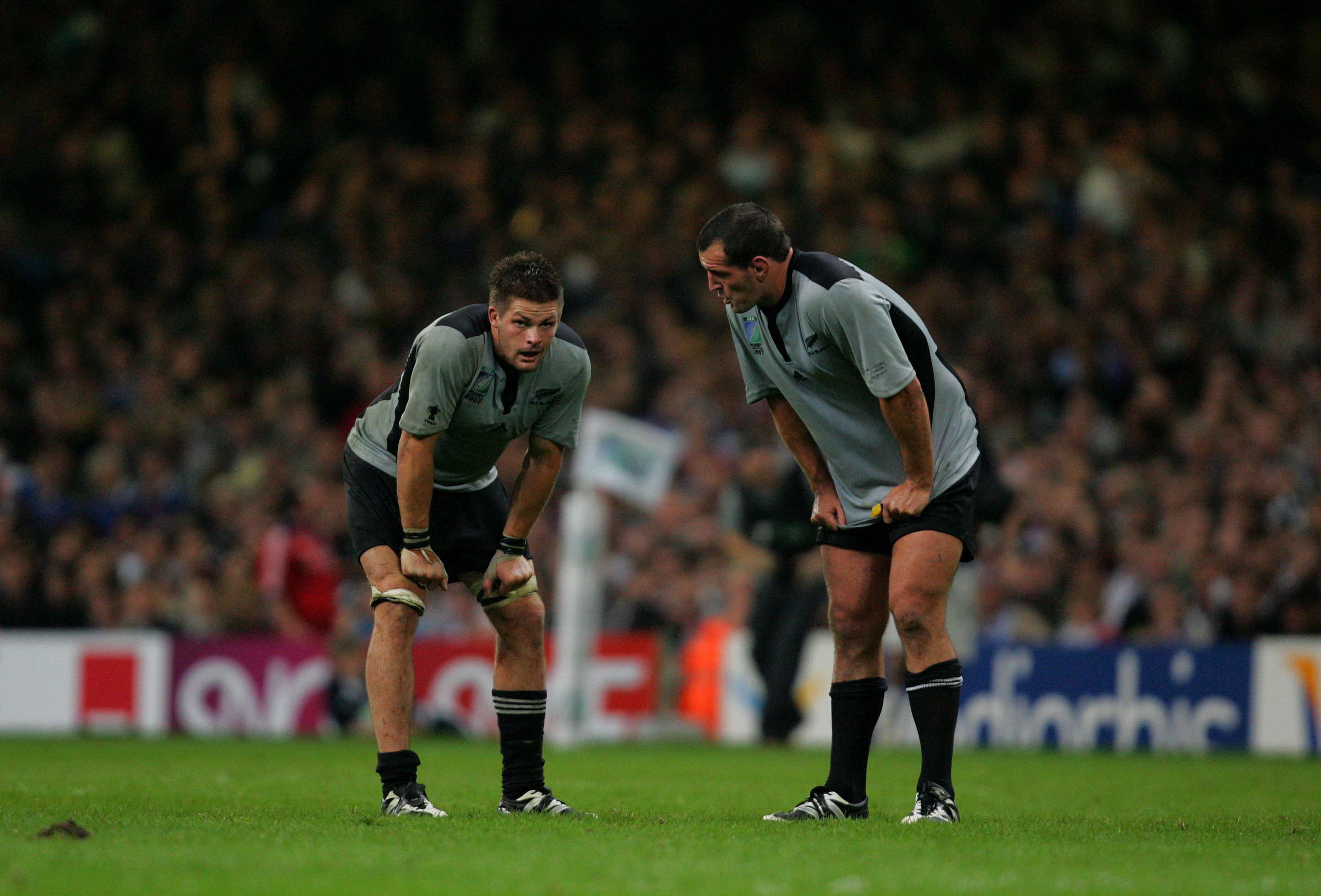 All Blacks captain Richie McCaw and team-mate Carl Hayman during the 2007 Rugby World Cup quarter-final between New Zealand and France at the Millennium Stadium in Cardiff, Wales. France won the match 20-18. Photo / Brett Phibbs