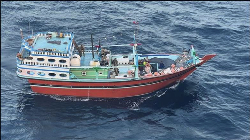 This undated photograph released by the US military's Central Command shows what it is described as the vessel that carried Iranian-made missile components bound for Yemen's Houthi in the Arabian Sea. Photo / AP