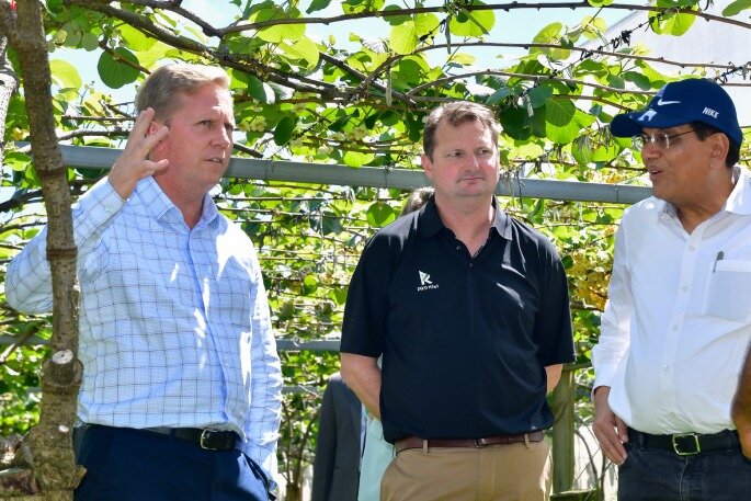 Trade and Investment Minister Todd McClay (from left) with Zespri chairman Nathan Flowerday and India's Minister of Commerce and Industry Piyush Goyal at a Te Puke kiwifruit orchard in December. 