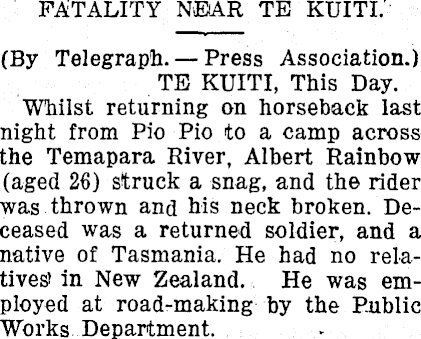 Article about the death of Albert Rainbow in 1922. Photo / Waipā Post