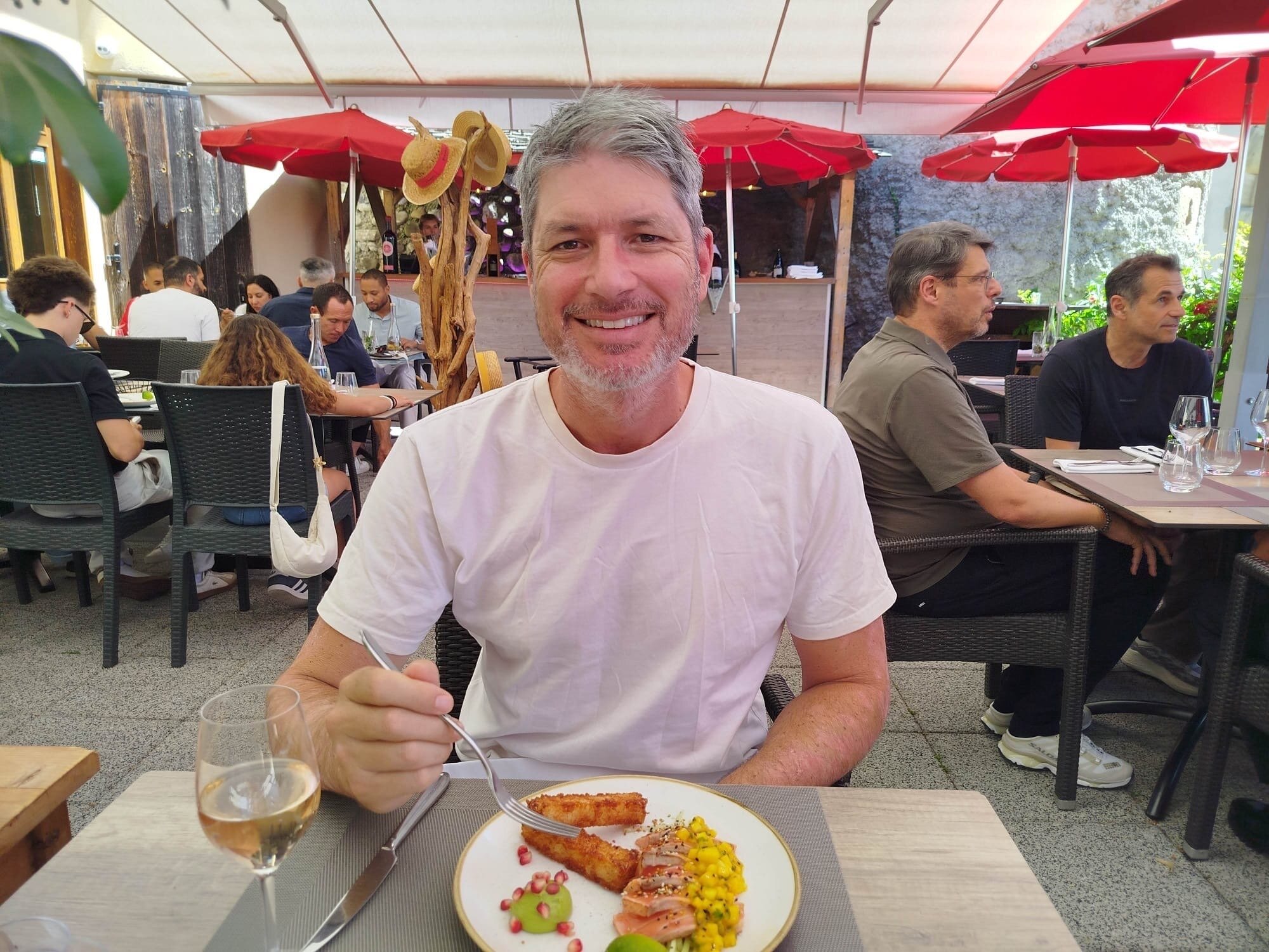Jesse Mulligan dining out while on holiday in Annecy in France. Photo / Supplied