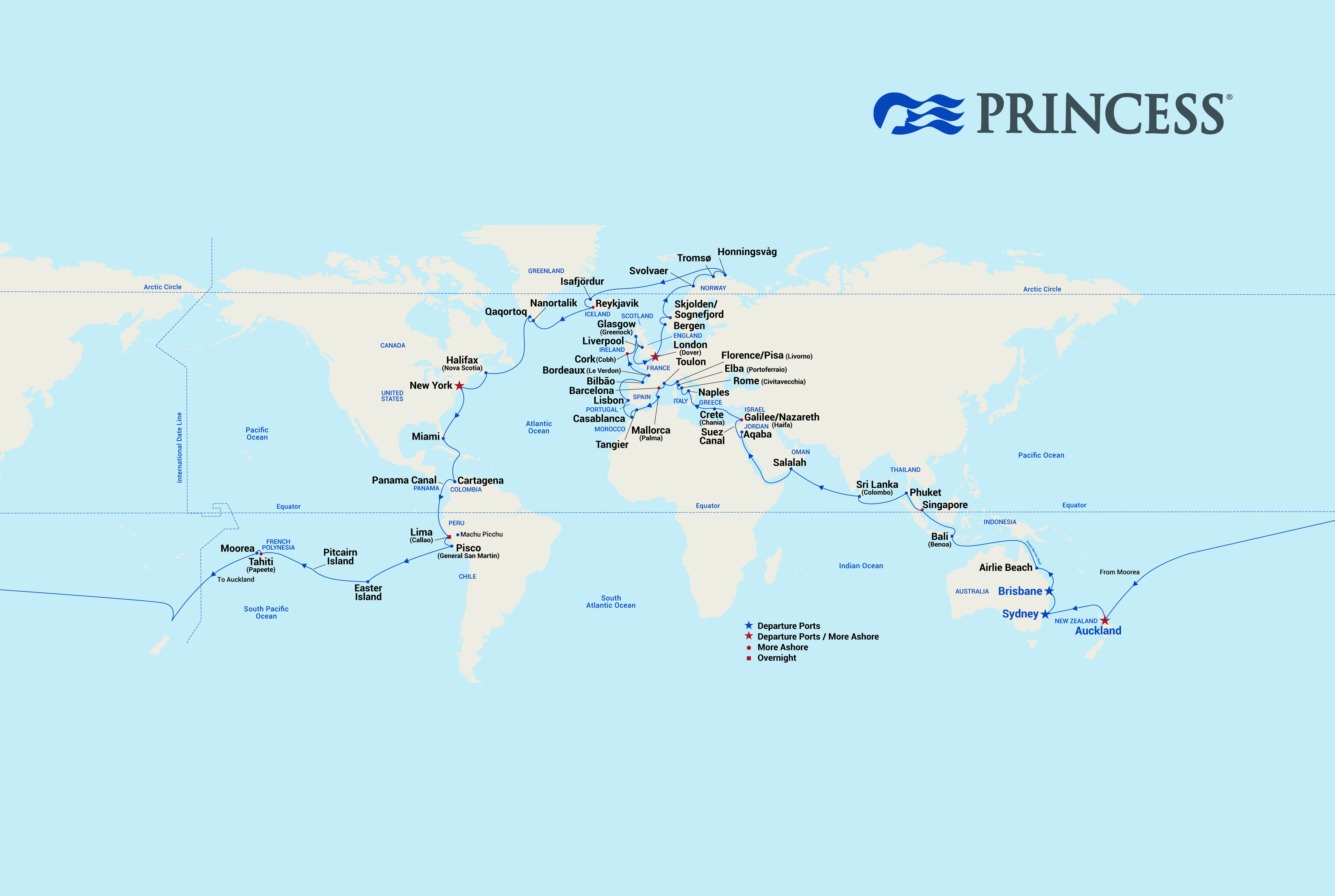 A map of the journey the Coral Princess will make around the world. Photo / Supplied