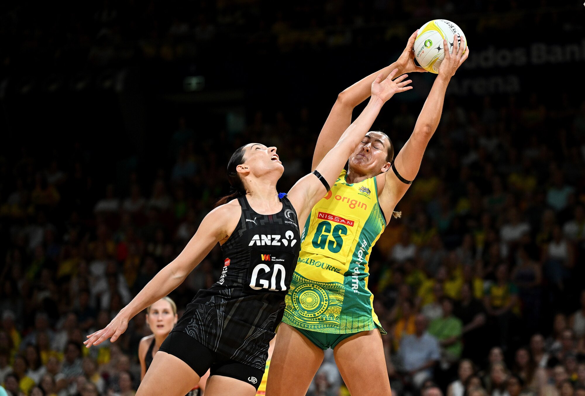 Australia's Sophie Garbin snatches possession away from Silver Fern Karin Burger in Wednesday's Constellation Cup match. Photo / Photosport