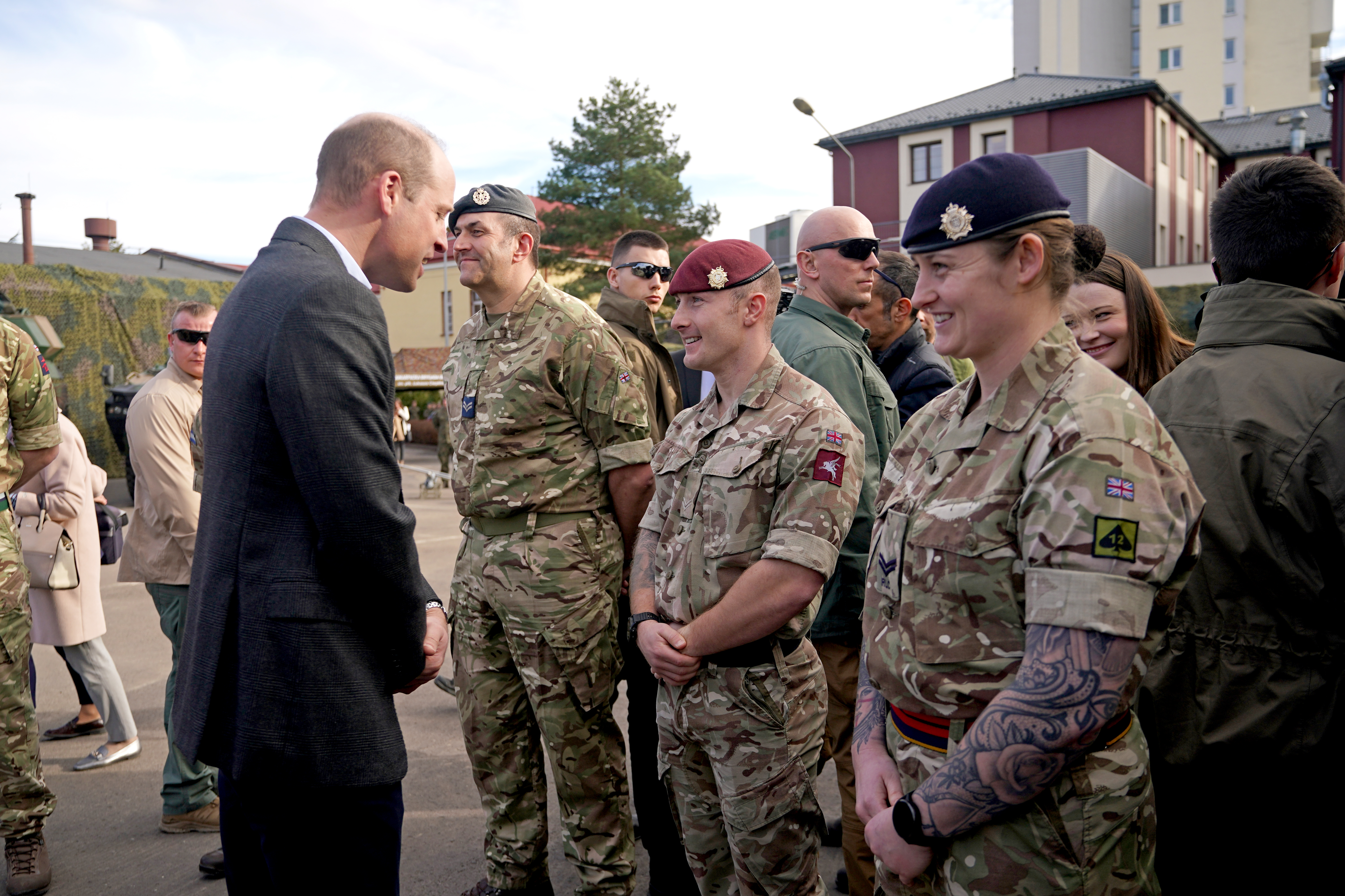Prince William meeting members of the British military during a visit to the 3rd Brigade Territorial Defence Force base. Photo / Getty Images
