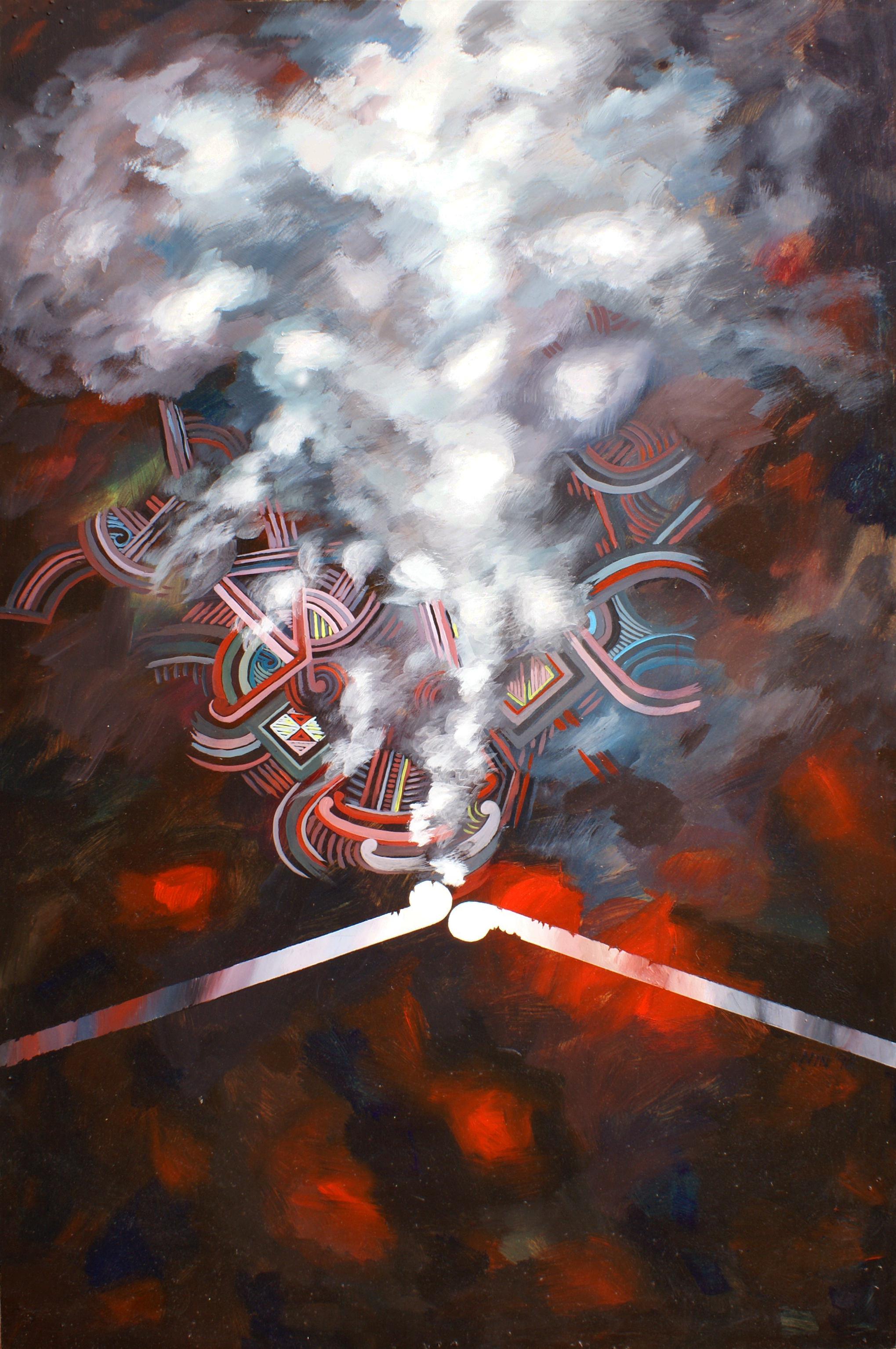 Buck Nin, (Ngāti Raukawa, Ngāti Toa), 'Through the Mists of Time [Culture Survives]',1990, oil on board. Collection of Whangārei Art Museum.