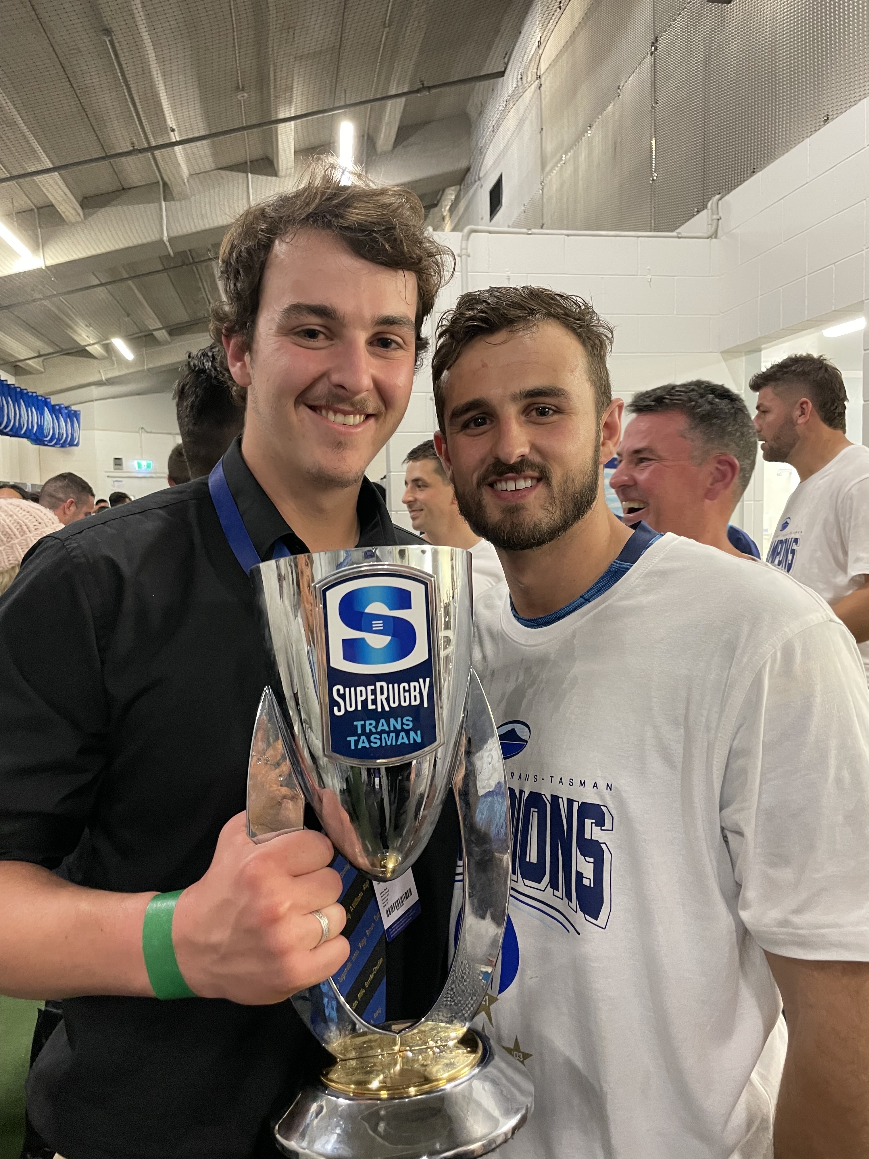 Harry and I in the Eden Park sheds after the Blues' Super Rugby Trans-Tasman 2021 triumph.