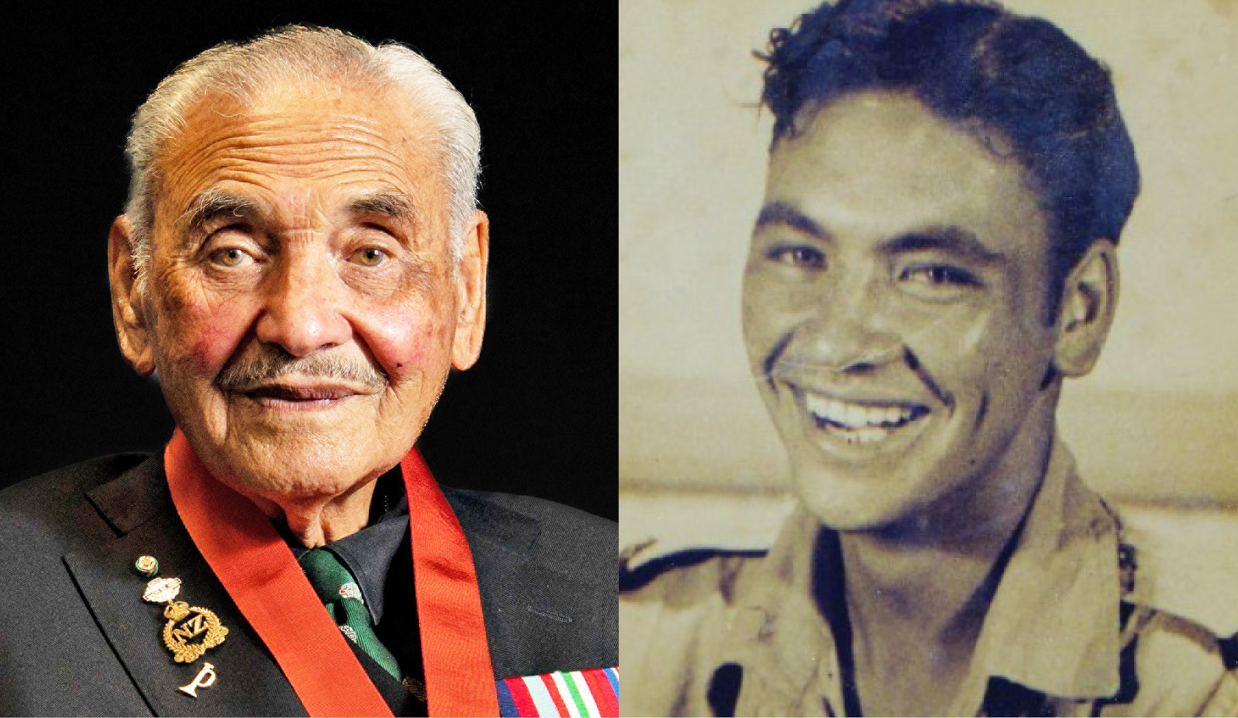 Sir Robert (Bom) Gillies in 2022 and in the 1950s. Photos / Supplied