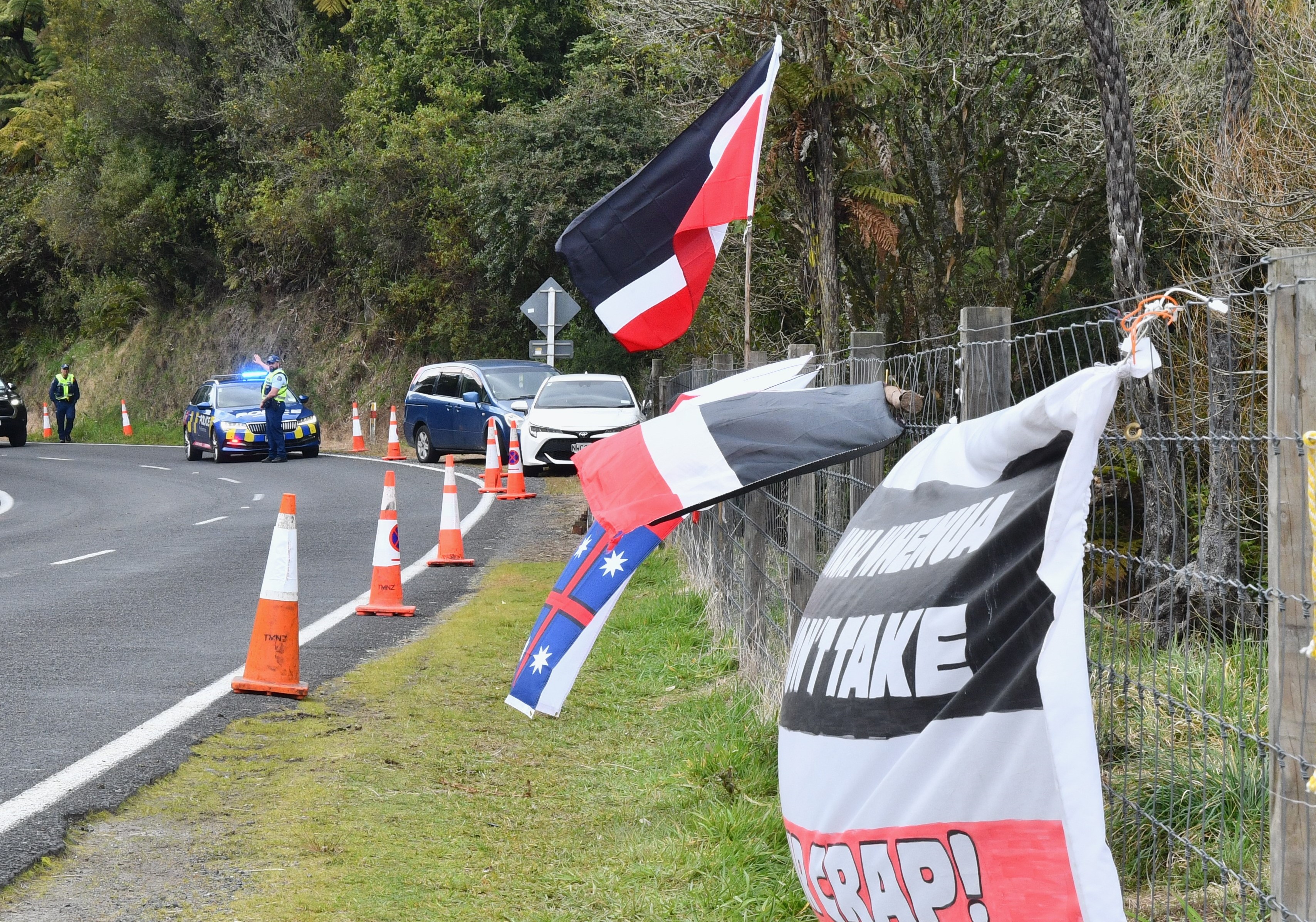 Traffic was managed on Tarawera Rd during a hīkoi to Lake Rotokākahi last year. Photo / Laura Smith
