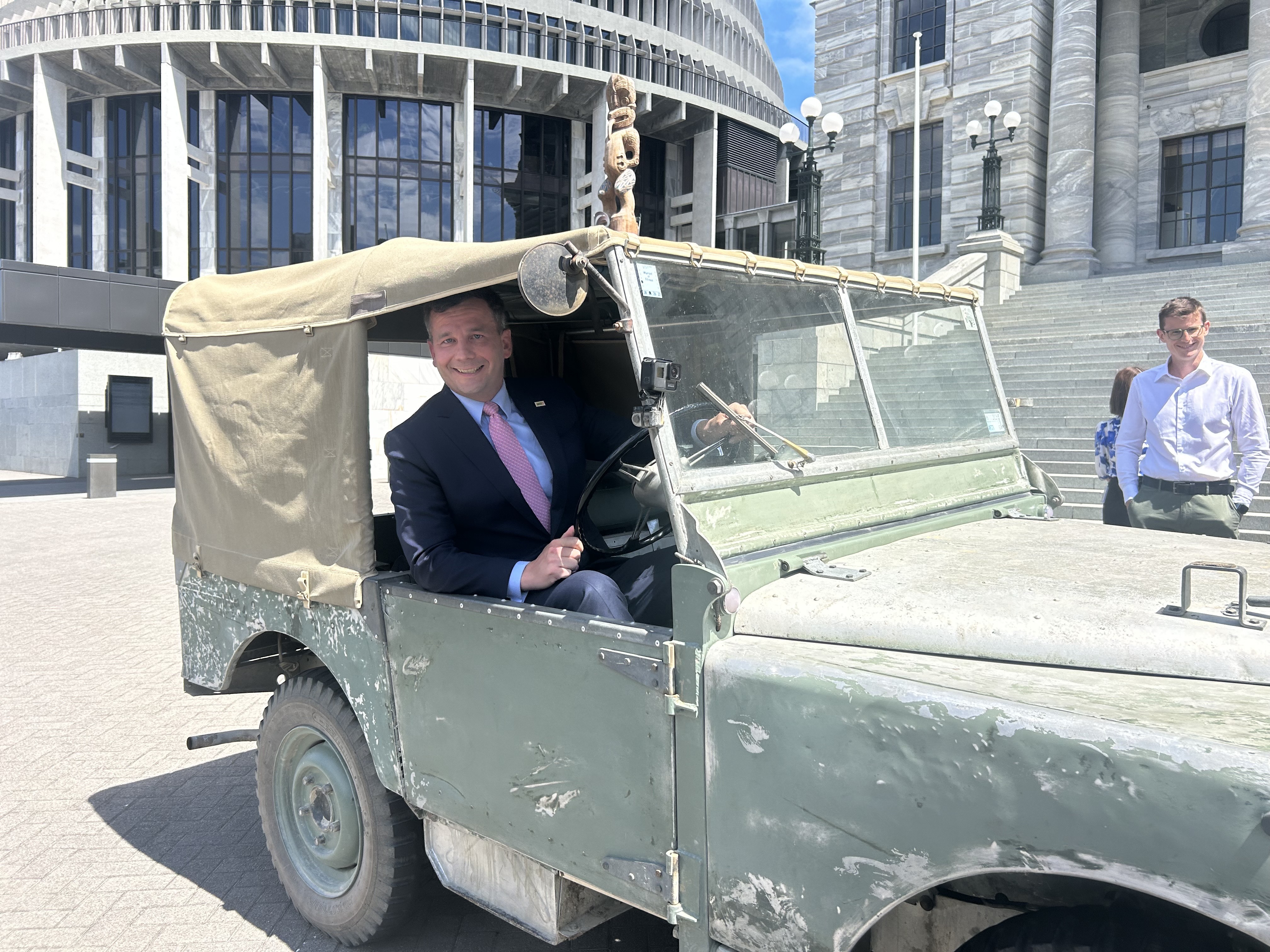 Act leader David Seymour was told off by Parliament security for driving a historic Land Rover up the steps of Parliament. Photo / Adam Pearse