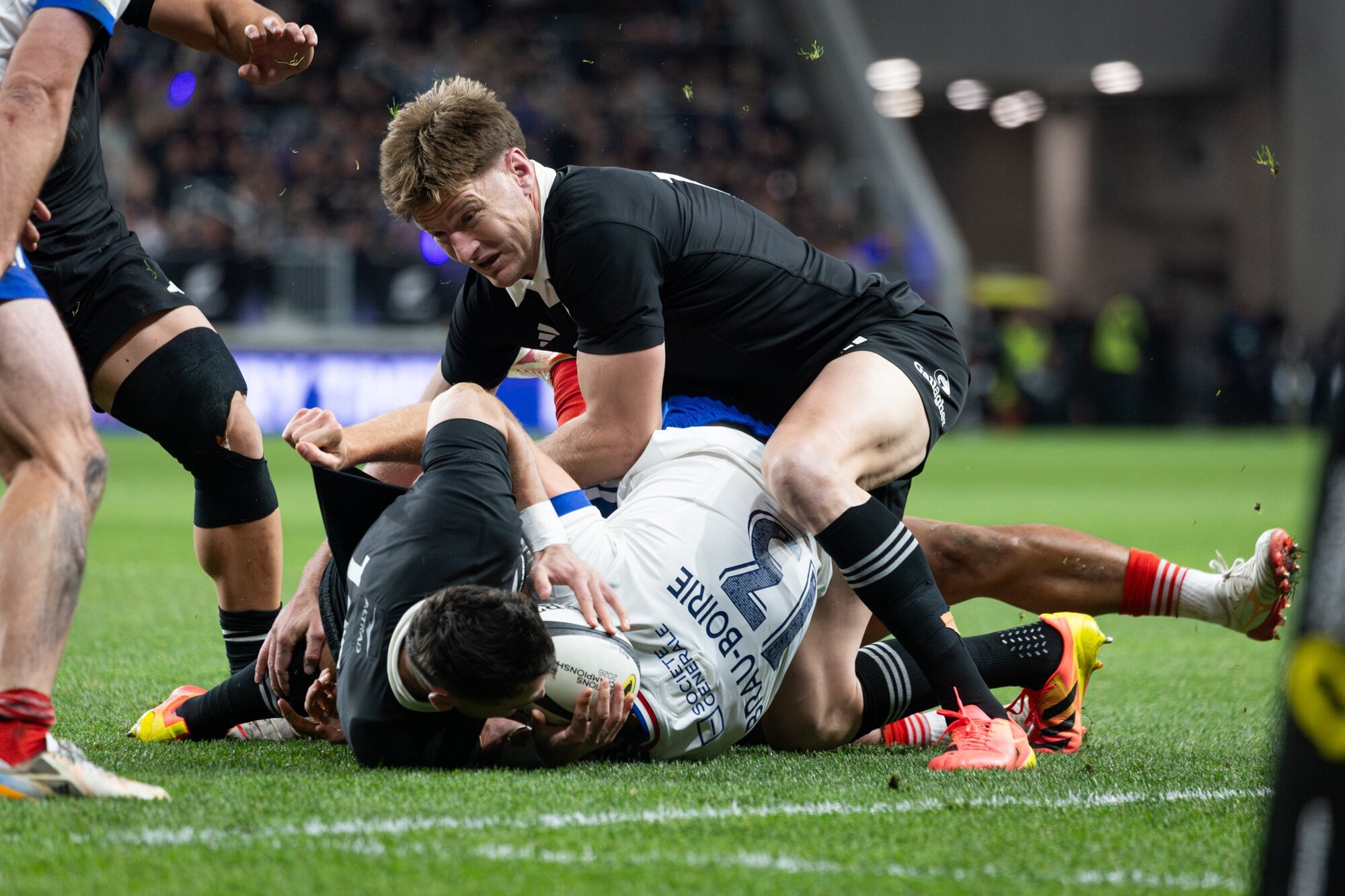 Jordie Barrett had a busy night in the All Blacks' win over France. Photo / Anna Heath