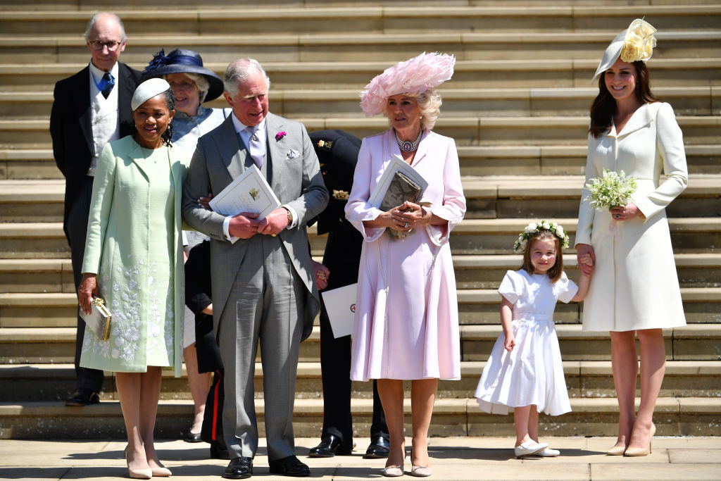 Doria Ragland, Prince Charles, Prince of Wales, Camilla, Duchess of Cornwall, and Catherine, Duchess of Cambridge with Princess Charlotte at the 2018 wedding. Photo / Getty Images