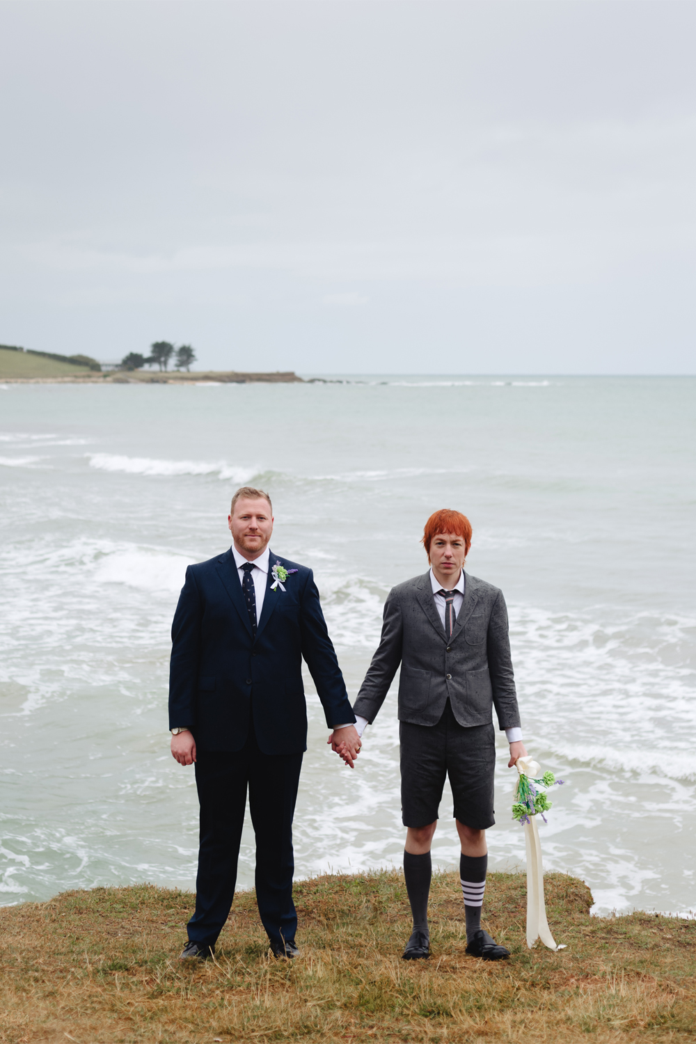 Conrad wore a bespoke Harvey and Hudson suit, Phillip wore Thom Browne. Photo / Sara Tansy