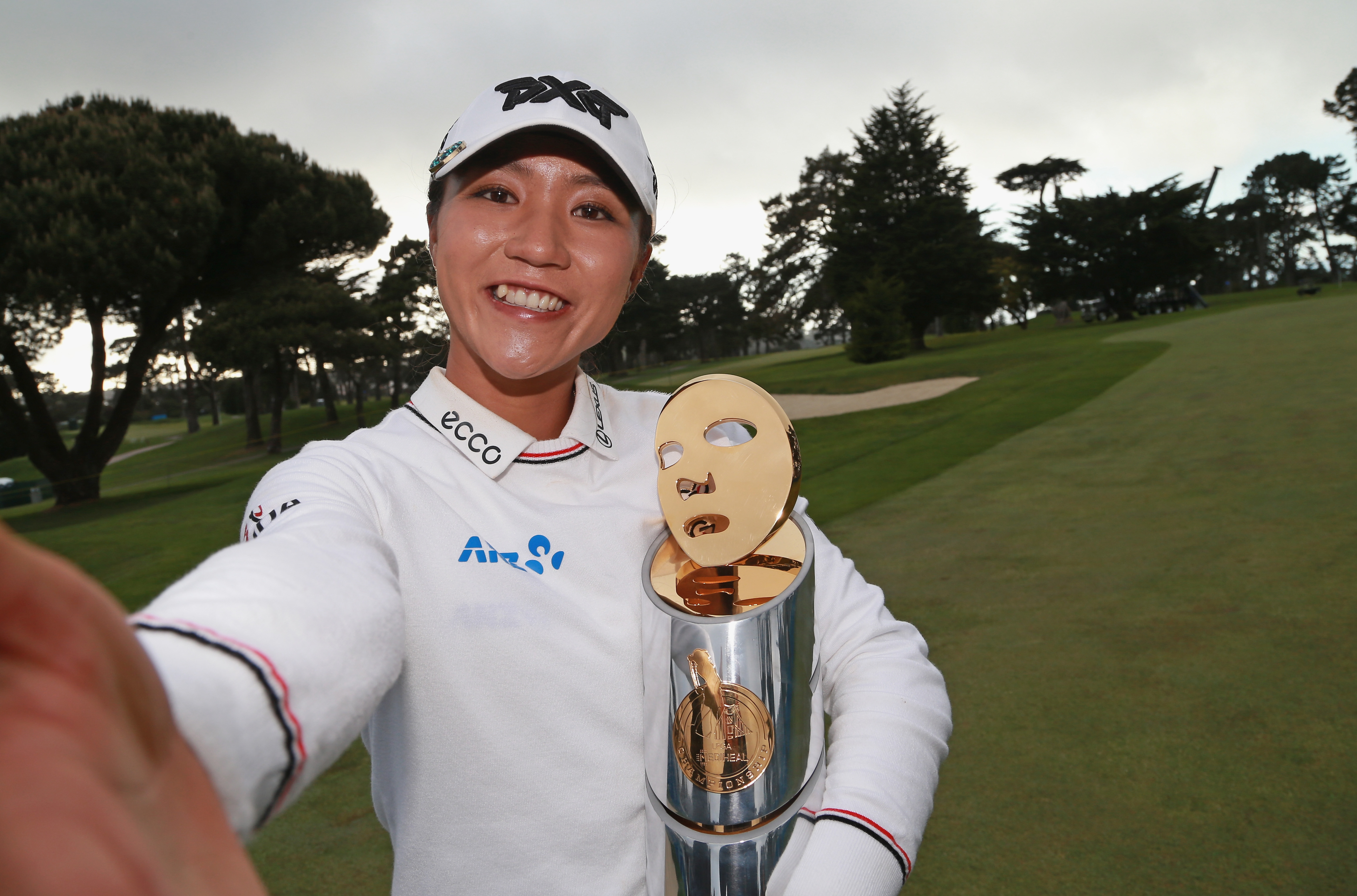 Lydia Ko of New Zealand imitates a selfie after winning the Mediheal Championship at Lake Merced Golf Club on April 29, 2018. Photo / Getty Images.
