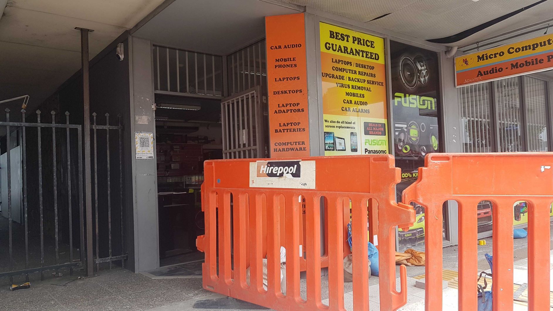 Temporary traffic management barriers near the entrance to the Micro Computers & Electronics store in Cameron Rd. Photo / Sandra Conchie