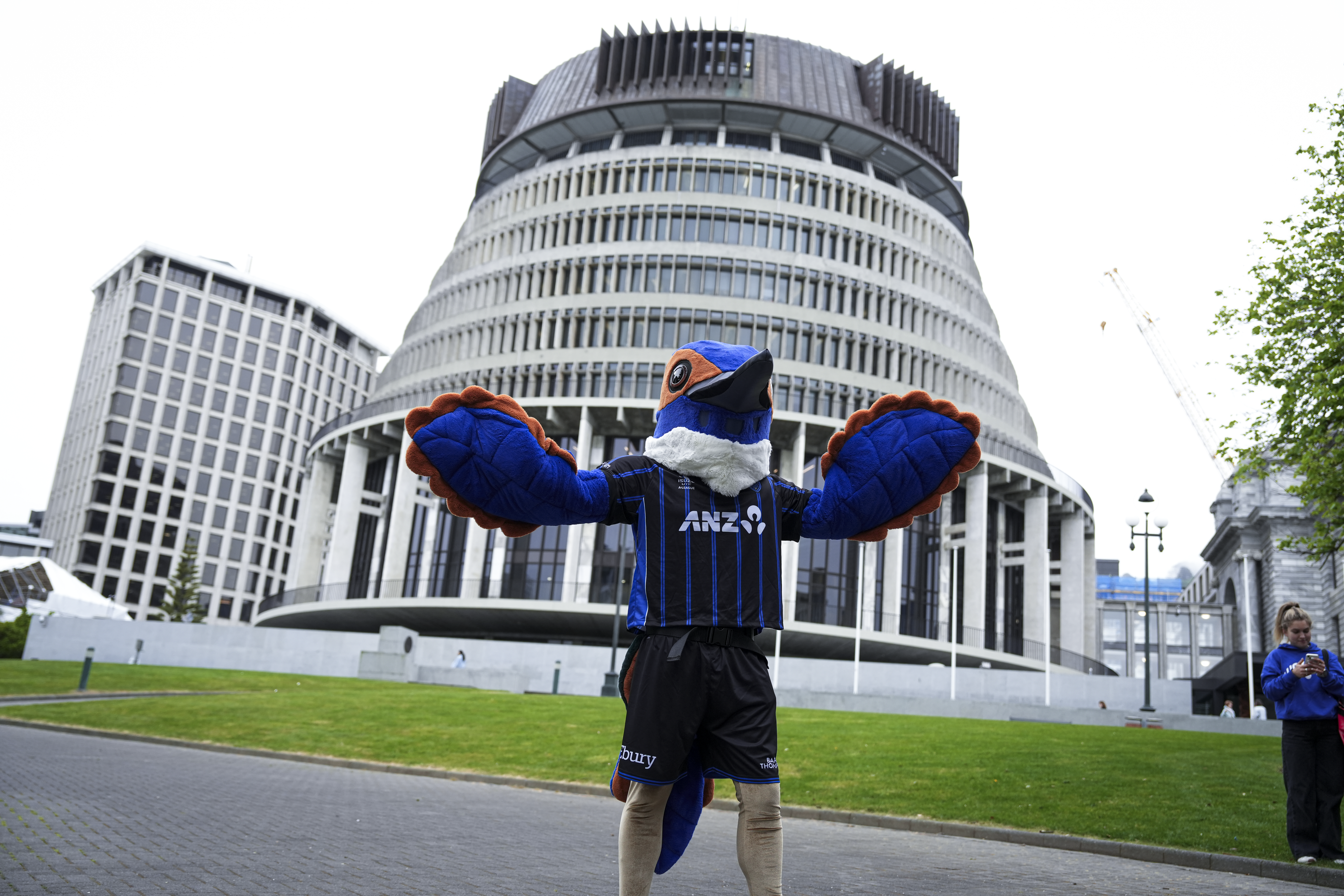 Auckland FC mascot Tāma the Kingfisher outside Parliament protesting their ban from Saturday's mascot race at Sky Stadium. Photo / Supplied