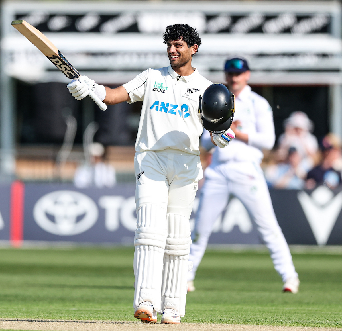 Rachin Ravindra celebrates his century on day one of the one-off test between the Black Caps and Ireland. Photo / Photosport