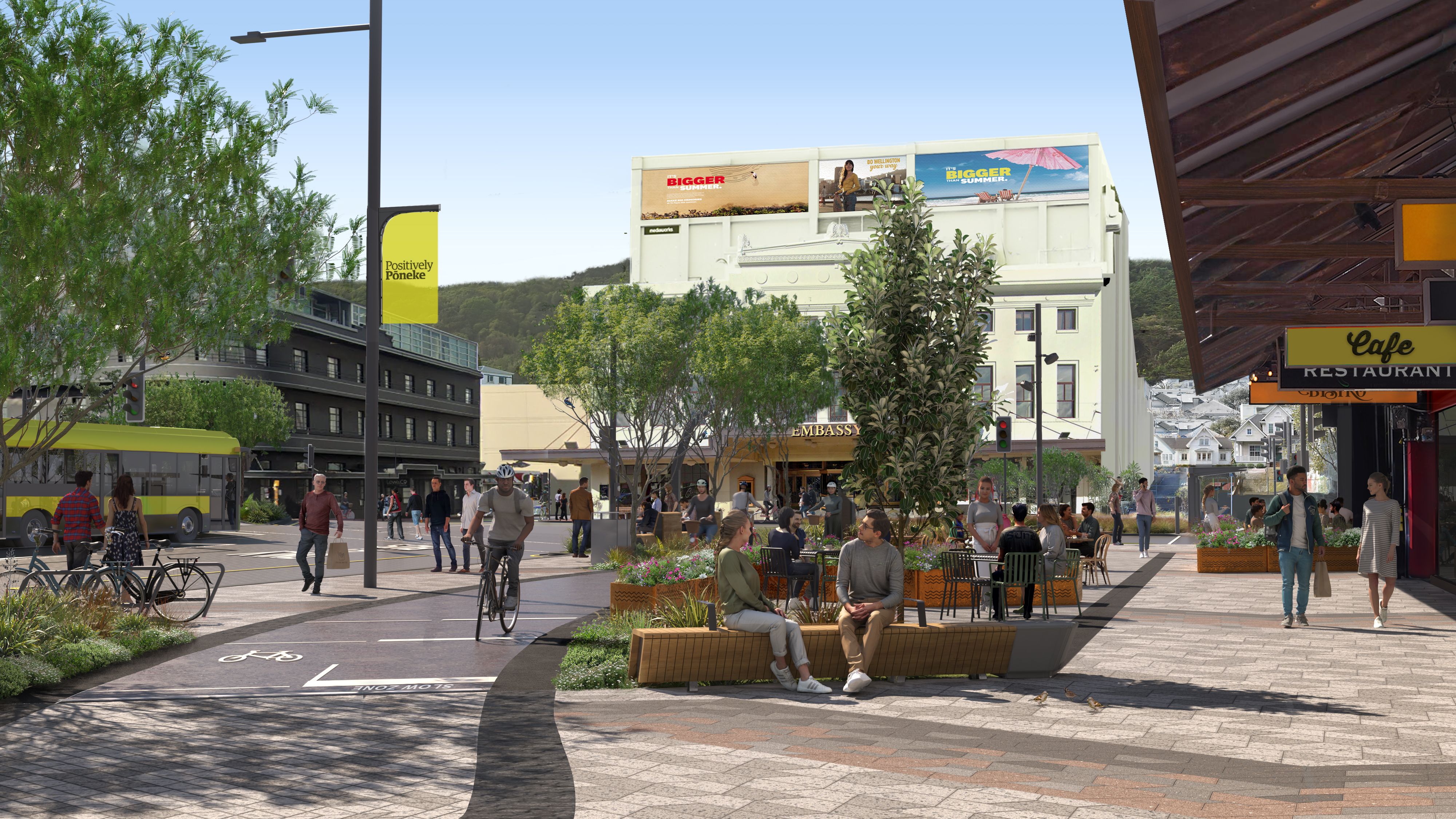 Wellington City Council has released its new design for the Golden Mile on Courtenay Place. Image / WCC
