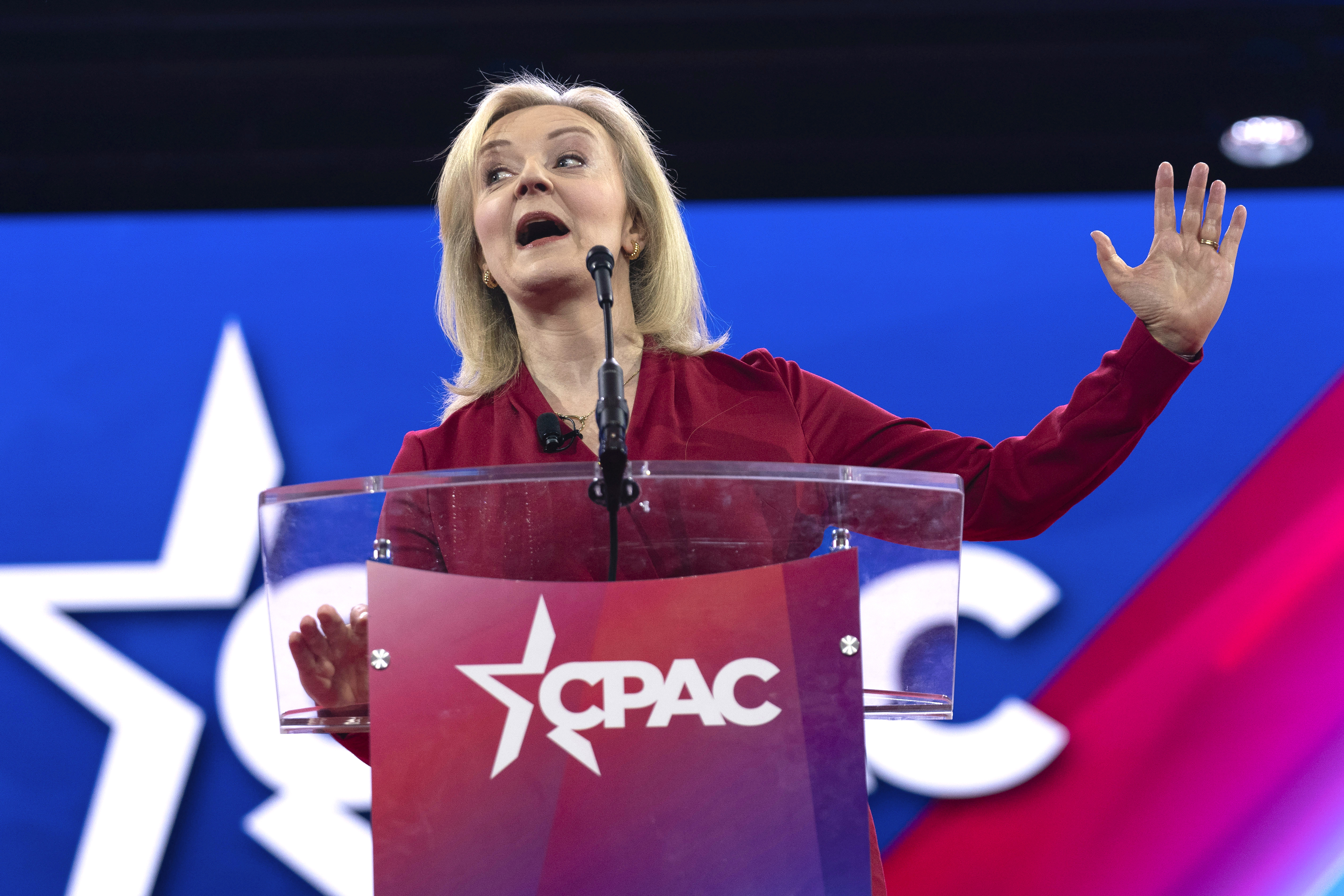 Former British Prime Minister Liz Truss speaks at the Conservative Political Action Conference in Oxon Hill, Maryland on February 22, 2024. Photo / AP