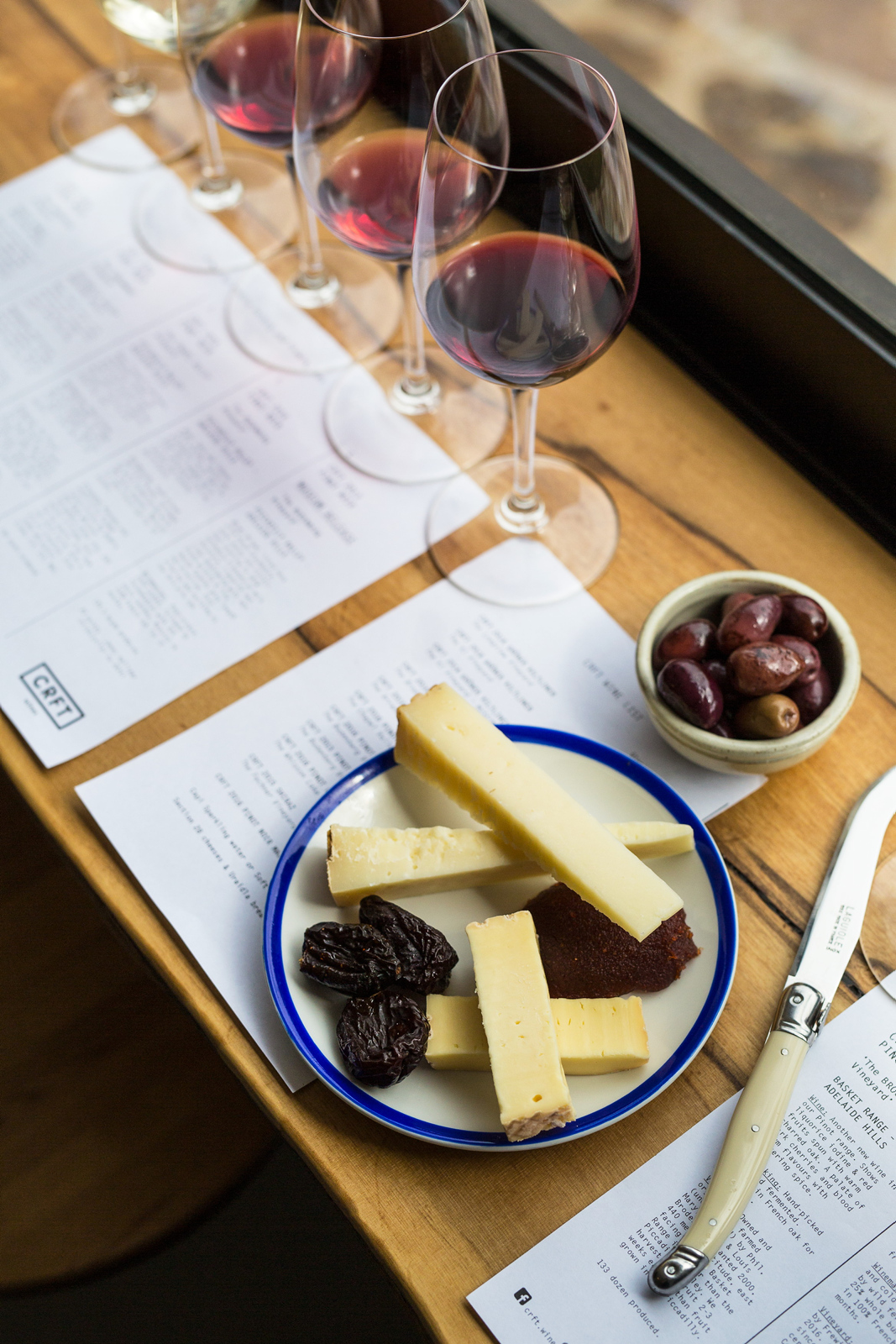 A tasting flight and cheese at CRFT Wines. Photo / Supplied