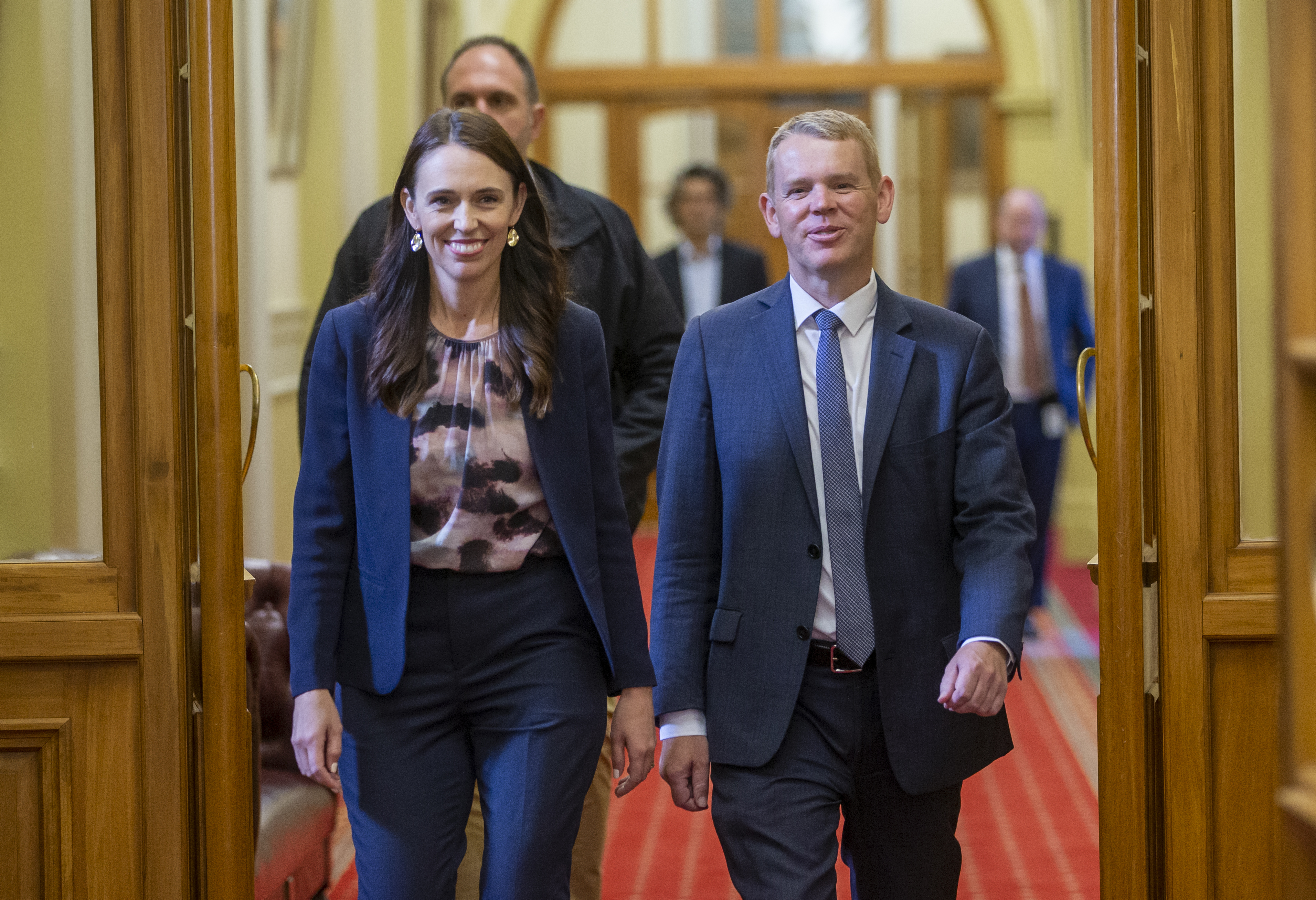 Jacinda Ardern and Chris Hipkins on their way to the caucus room at Parliament, on 21 January, 2023. Photo / Mark Mitchell