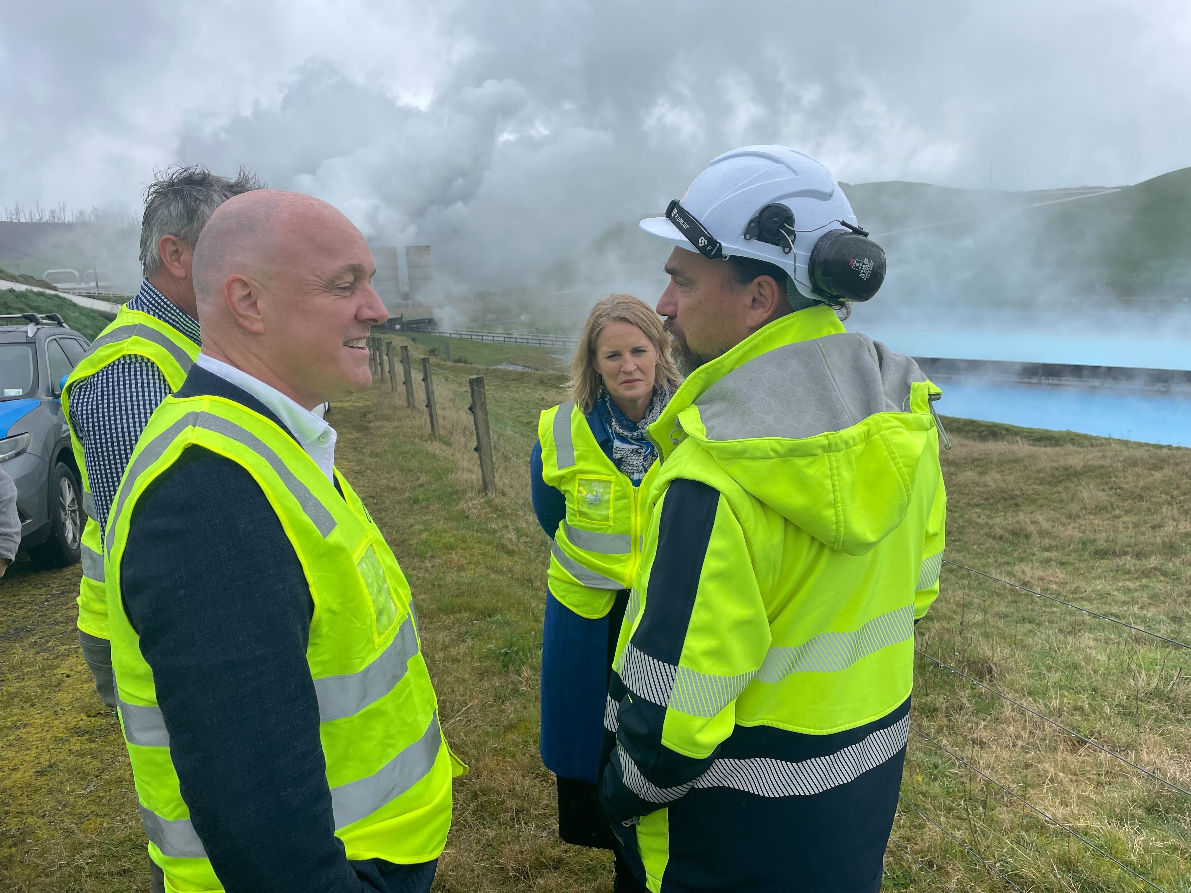 National Party leader Christopher Luxon (left) and Taupō MP Louise Upston at Te Mihi Power Station with Dominic Bowden, tangata whenua liaison at Contact Energy, of Ngāti Tūwharetoa. Photo / Michael Neilson