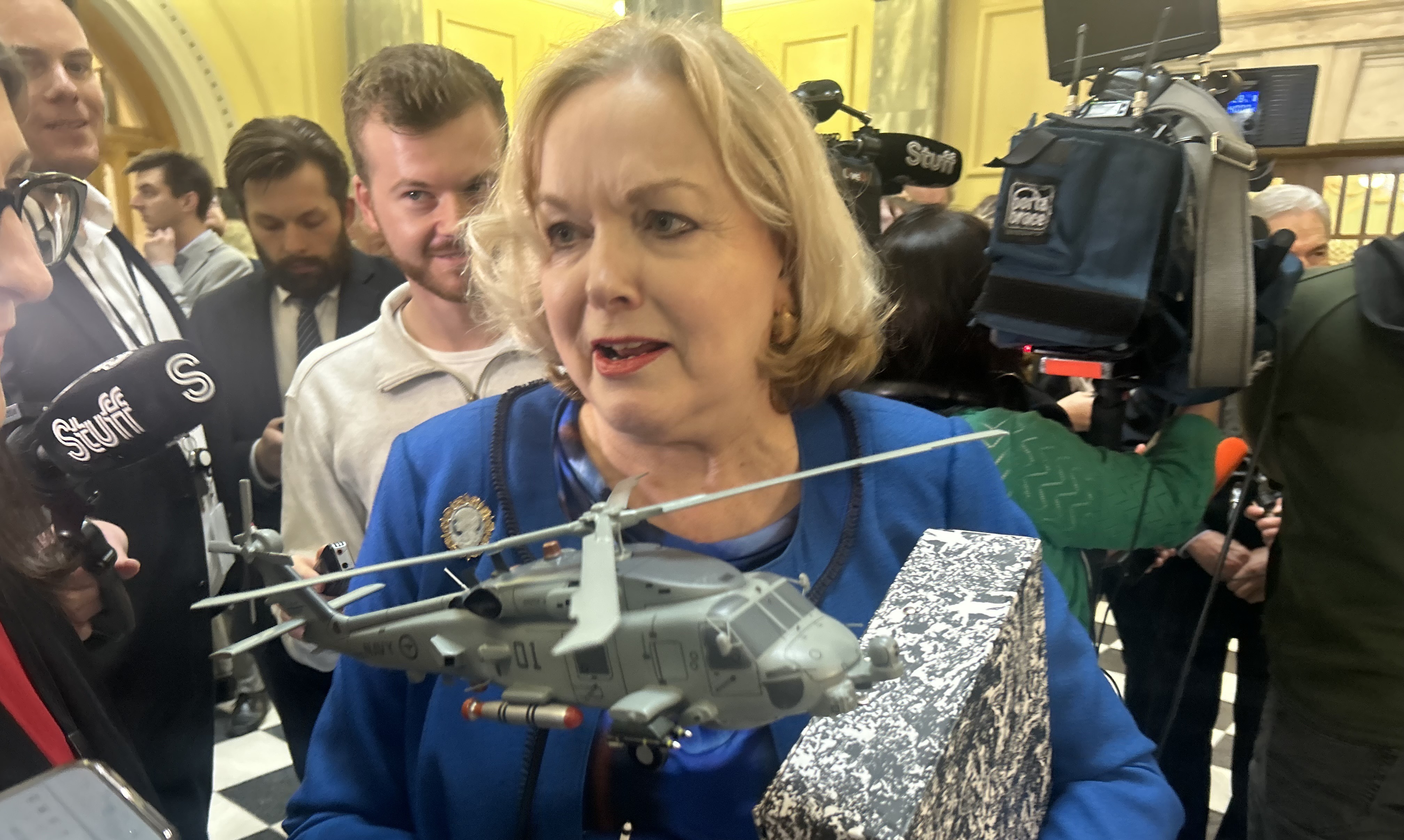 Defence Minister Judith Collins brought a model helicopter into the House on Thursday. Photo / Adam Pearse