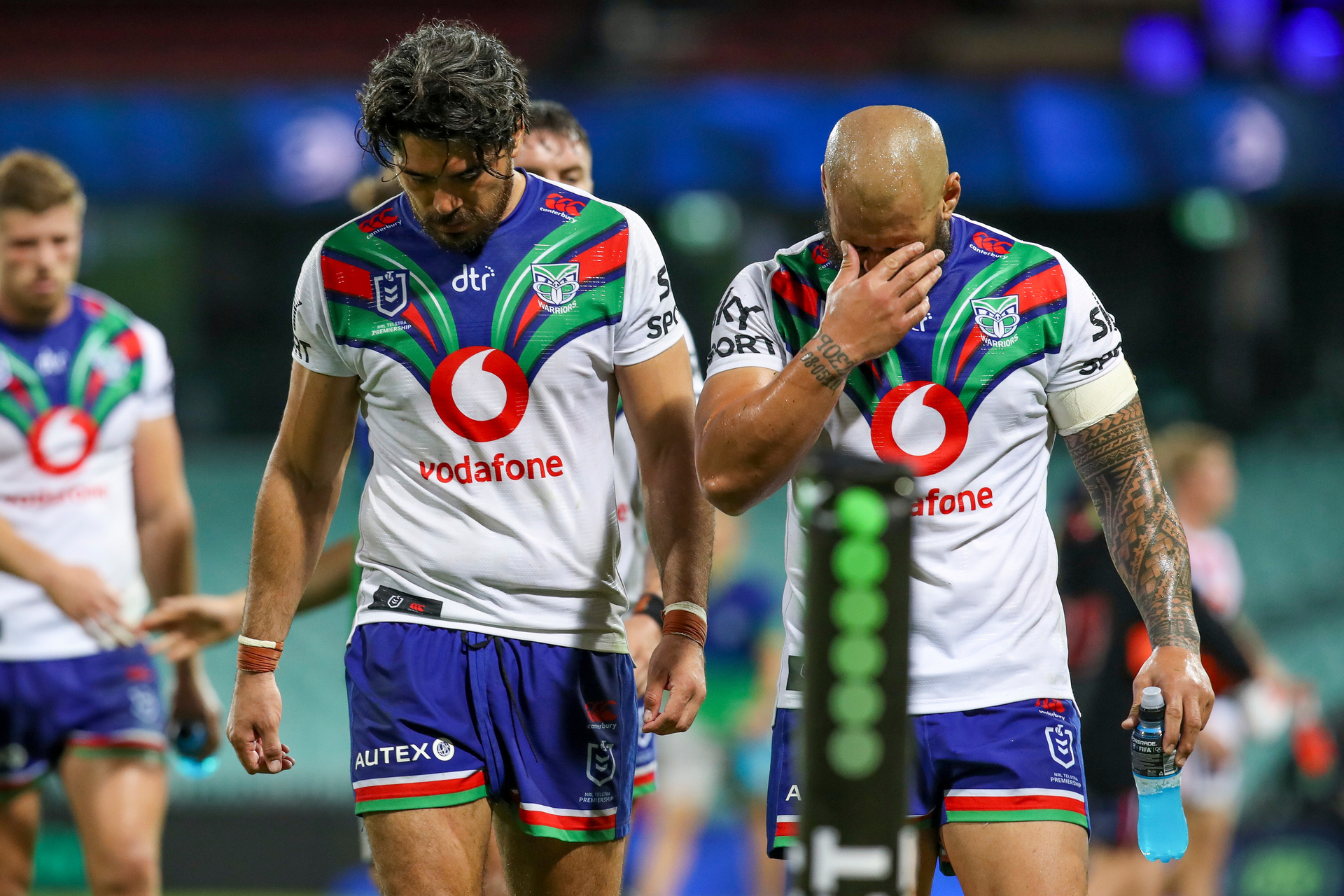 Tohu Harris and Leeson Ah Mau looking dejected after they were beaten by the Roosters. Photo / Getty Images.