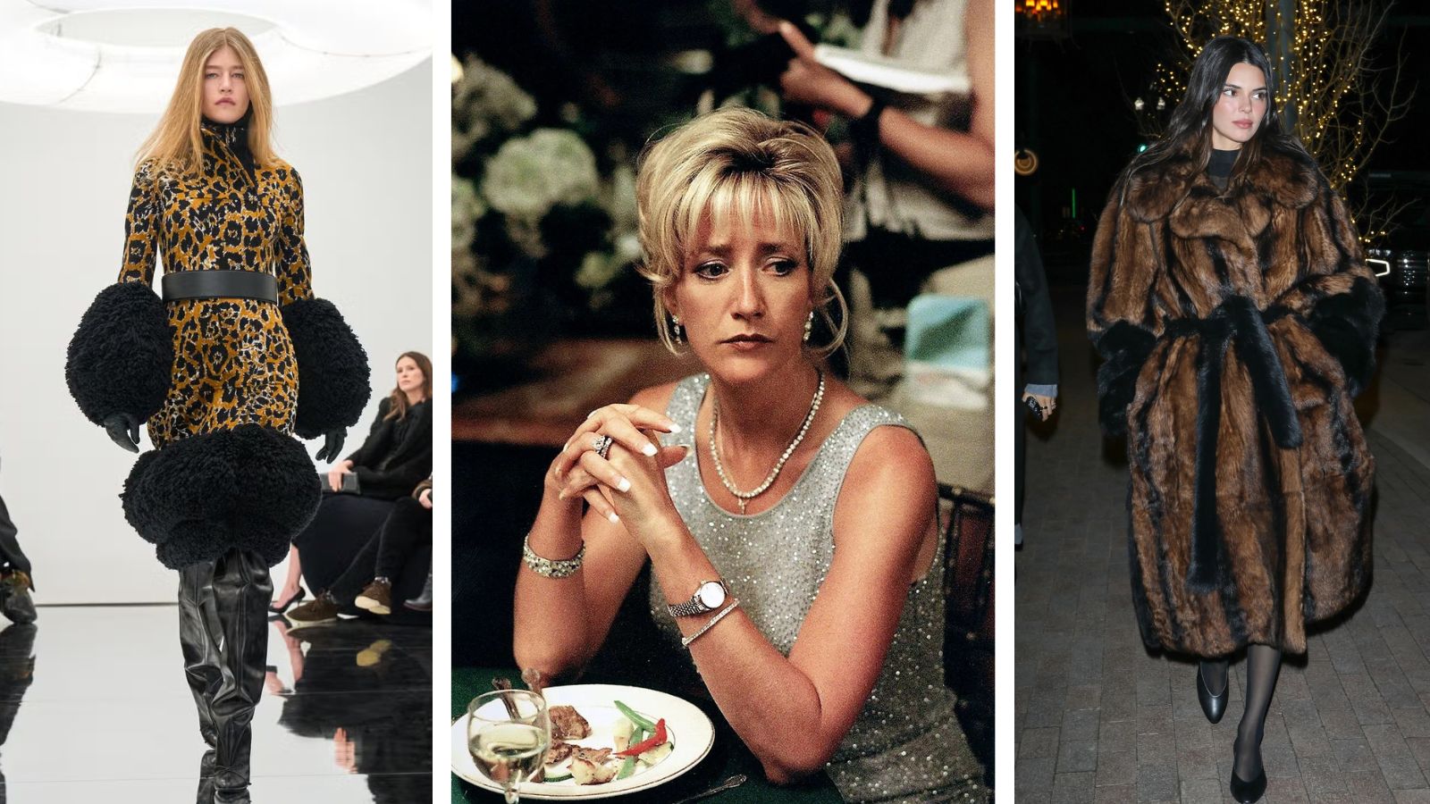 Left to right: Alaïa by Pieter Mulier fall 2024, Edith Falco as Carmela Soprano in ‘The Sopranos’, Kendall Jenner in Aspen wearing a Phoebe Philo fur coat. 