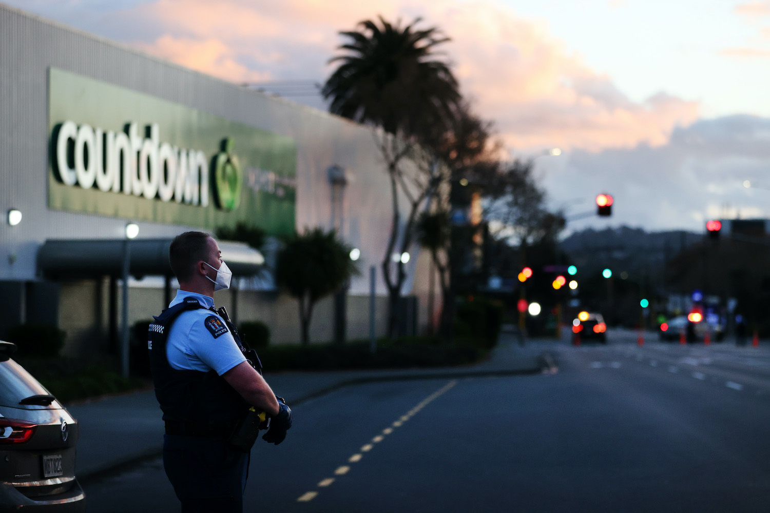 Police guard the area around Auckland's Countdown LynnMall after the 2021 terror incident. Photo / Getty Images
