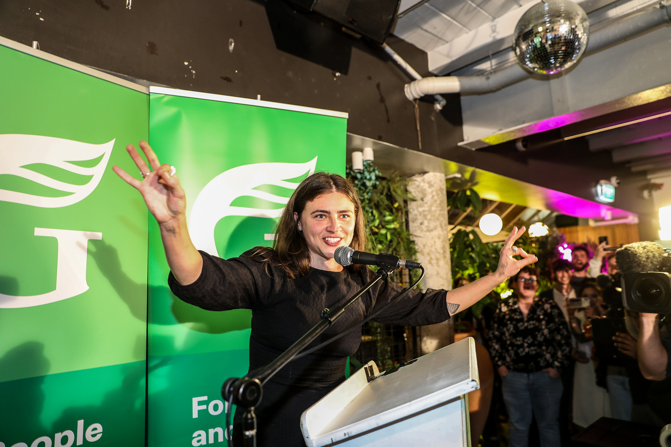 Green Party MP Chloe Swarbrick speaks at Green Party election night. Photo / Michael Craig 